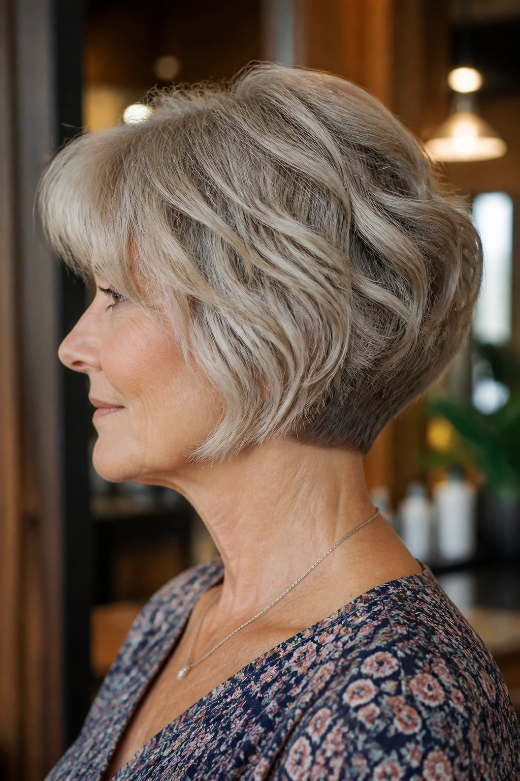Close-up portrait of a real woman with a graduated bob showing nape lift and front length in soft window light