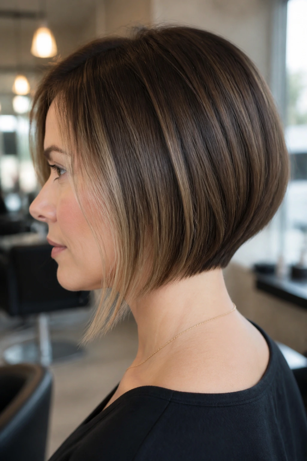 Close-up of a real woman with a graduated bob and strong nape, subtle front money piece