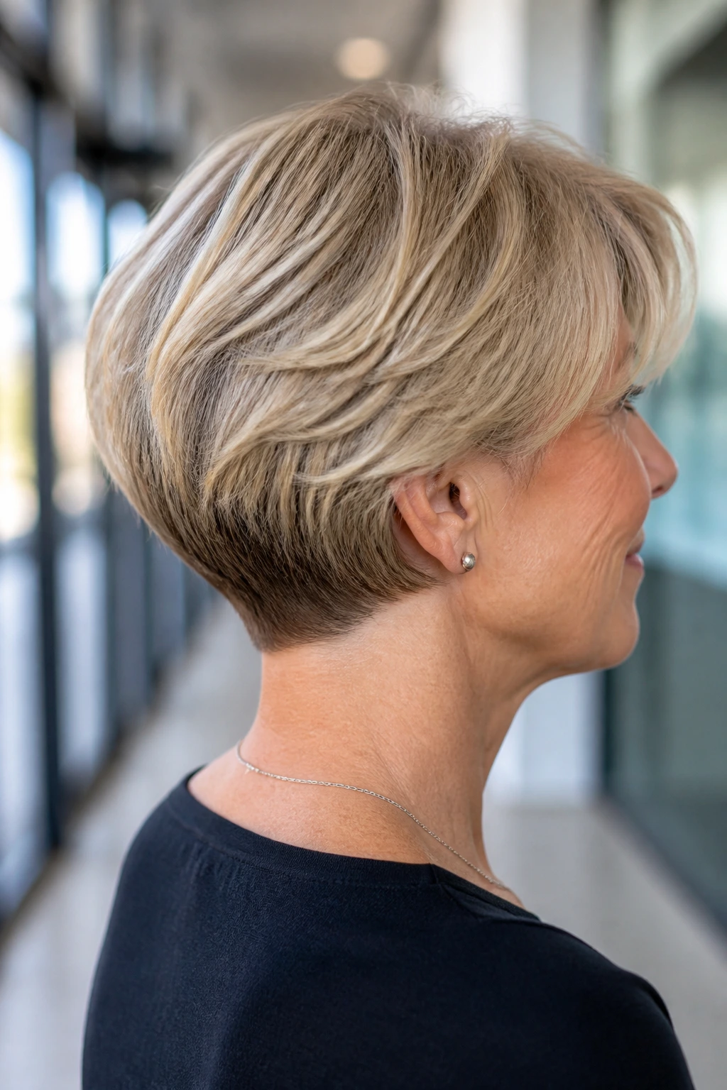 Close-up of a real woman with graduated bob and tapered nape