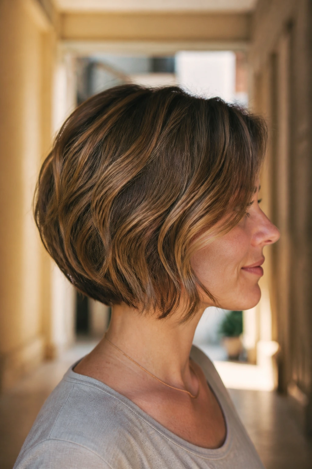 Side-profile of a real woman with a graduated bob narrowing at the nape