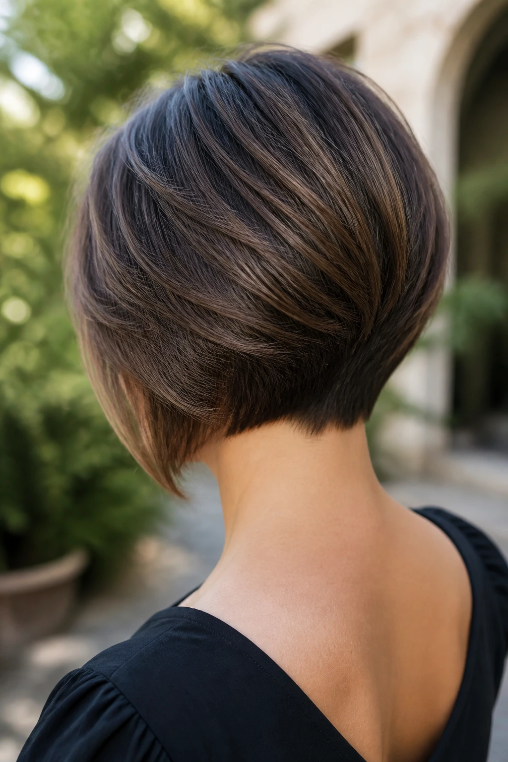 Real woman with neck-hugging back and visible graduation in the nape.