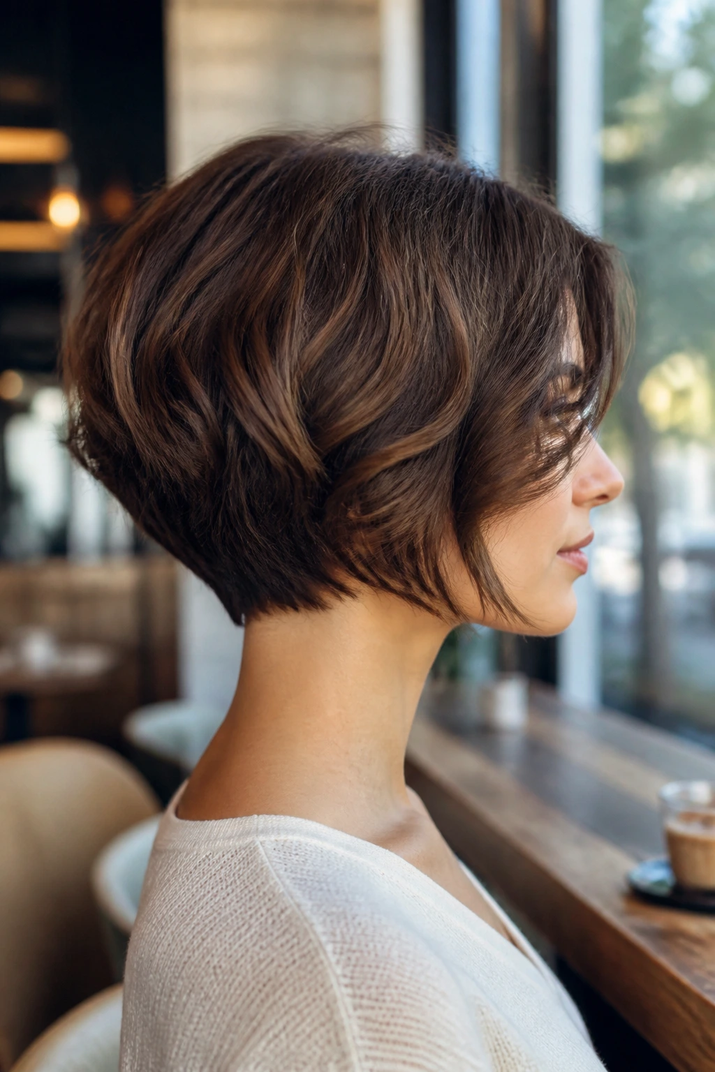 Real woman in side profile with graduated bob and slim neck.