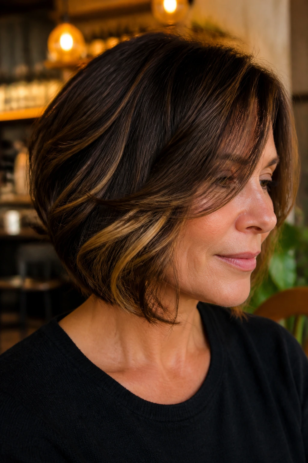 Close-up of a real woman with a graduated bob and peekaboo caramel highlights
