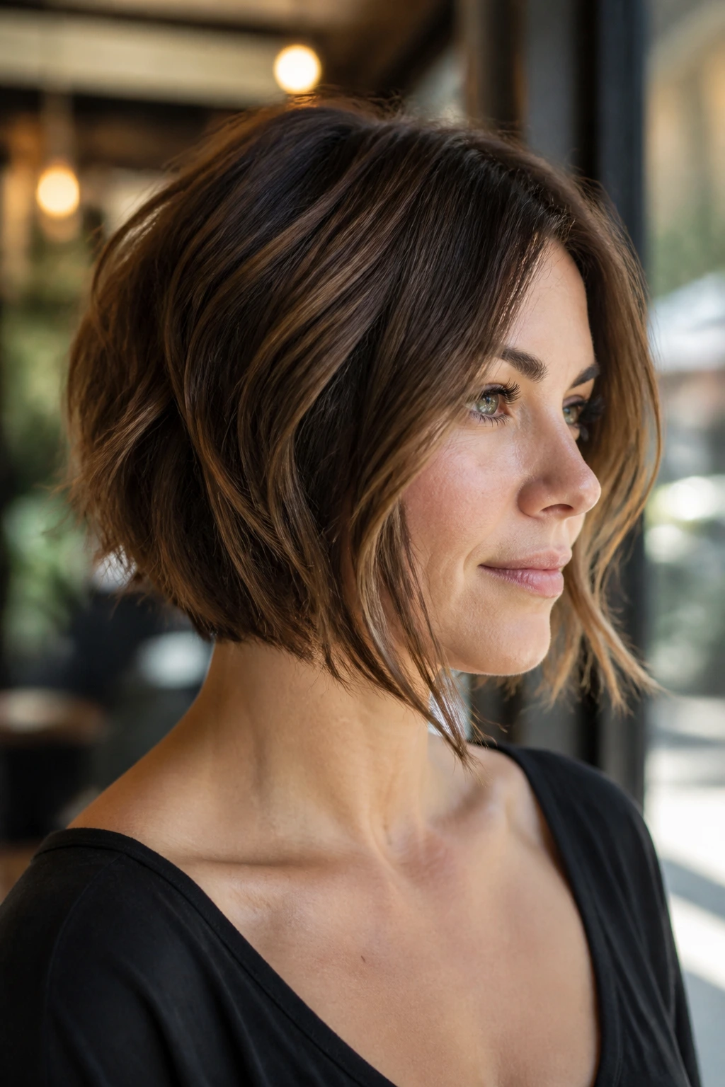 Close-up of a real woman with a graduated bob featuring piecey ends