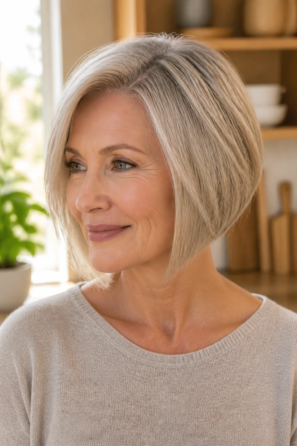Close-up portrait of a real woman with a graduated bob hairstyle
