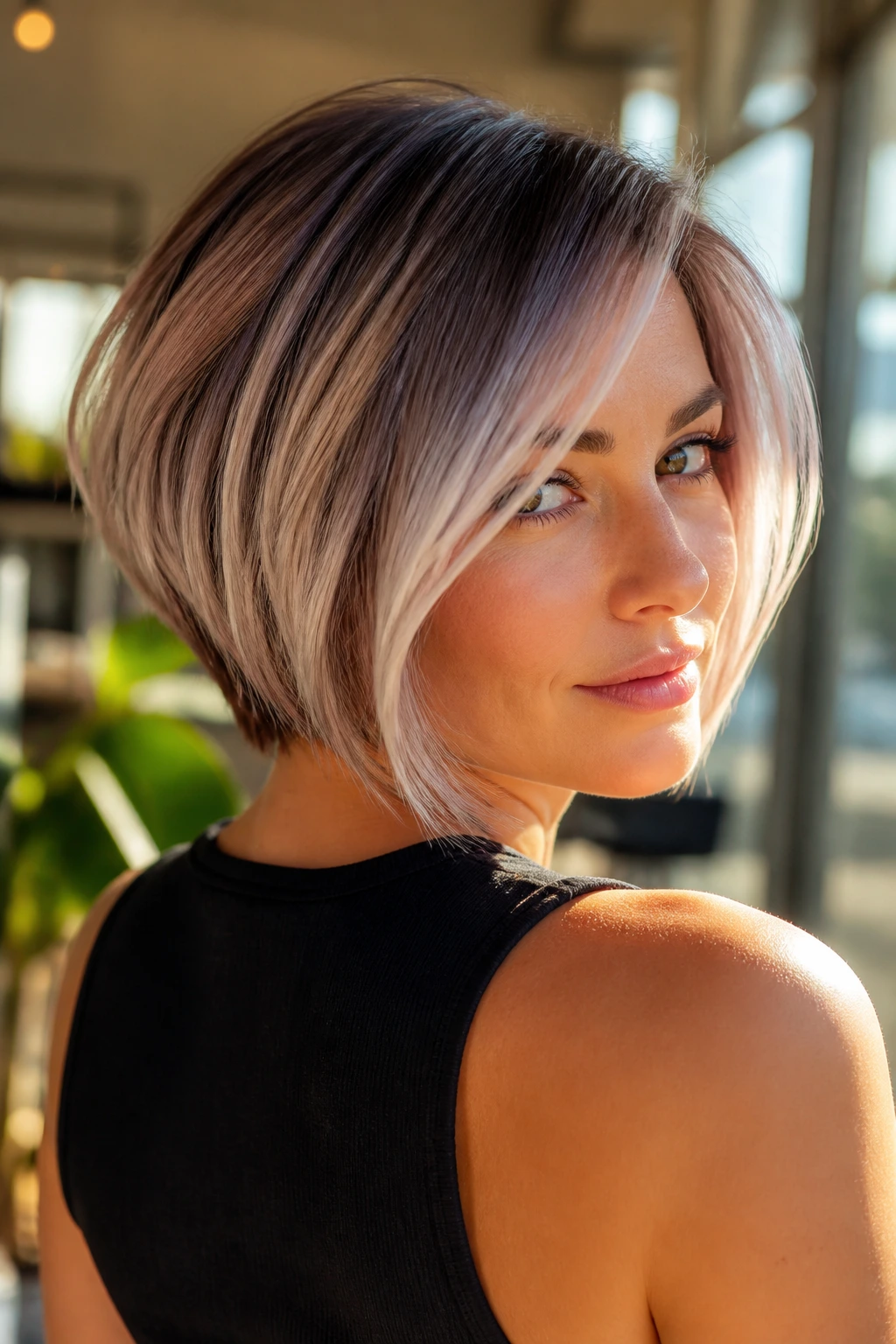 Close-up of a real person with a graduated bob and face-framing purple-toned pieces