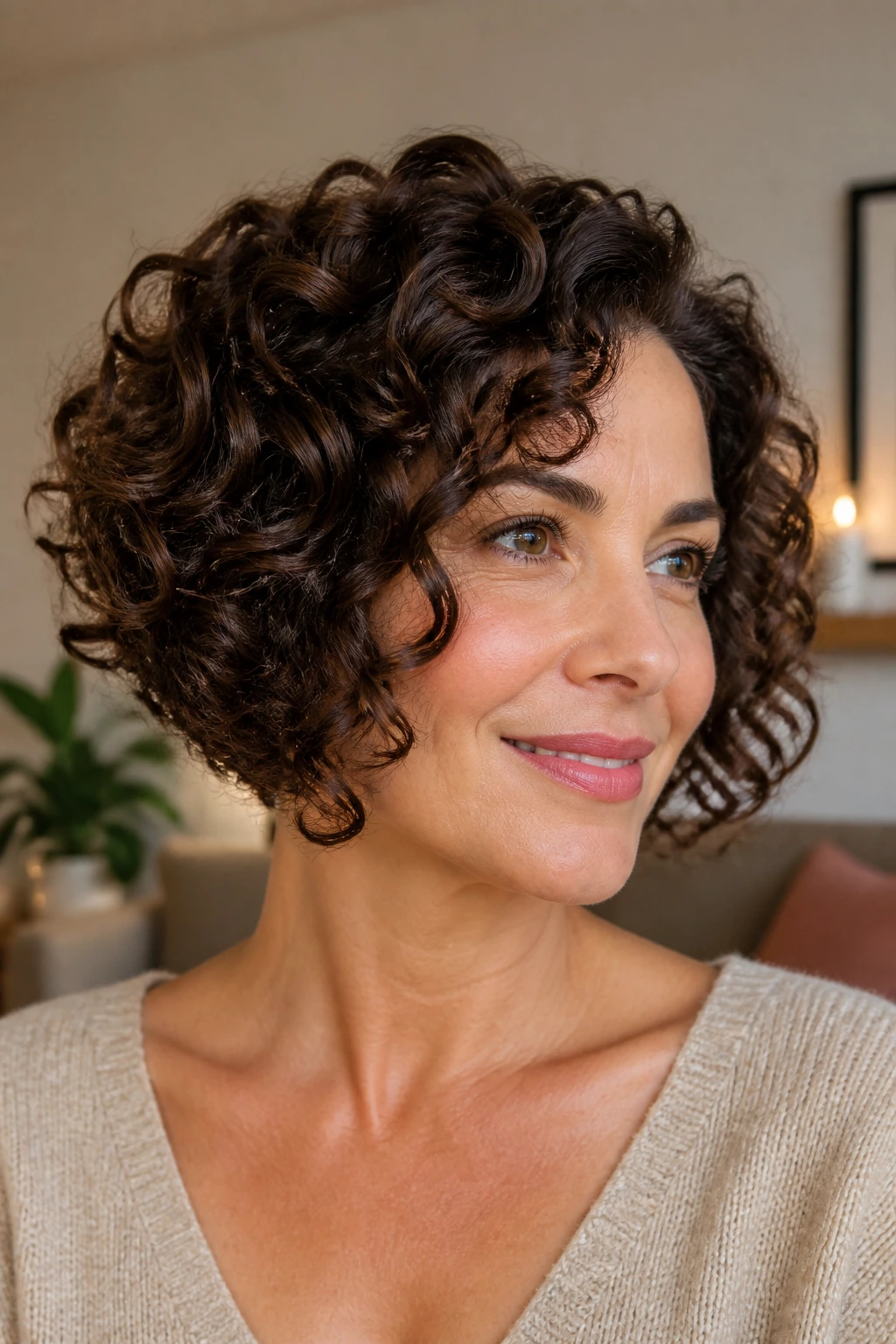 Real woman with a graduated bob and defined ringlets in a warm indoor setting