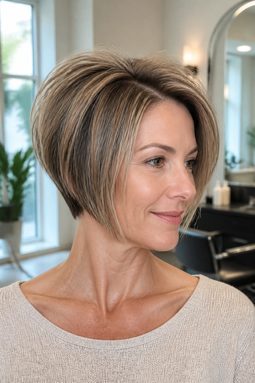 Close-up portrait of a person with graduated bob and root lift