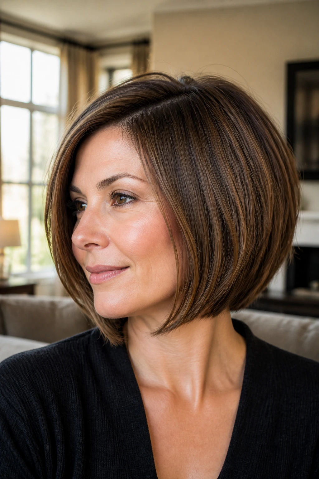 Portrait of a real woman with a graduated bob and soft ends