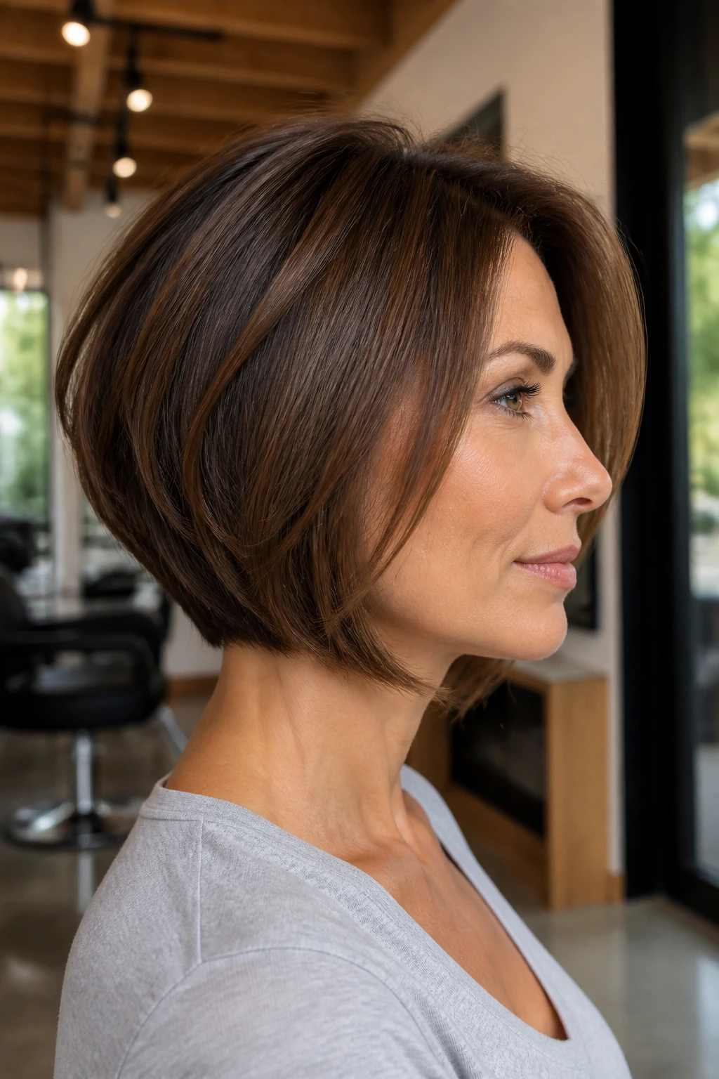 Real woman with graduated bob soft taper in a salon portrait