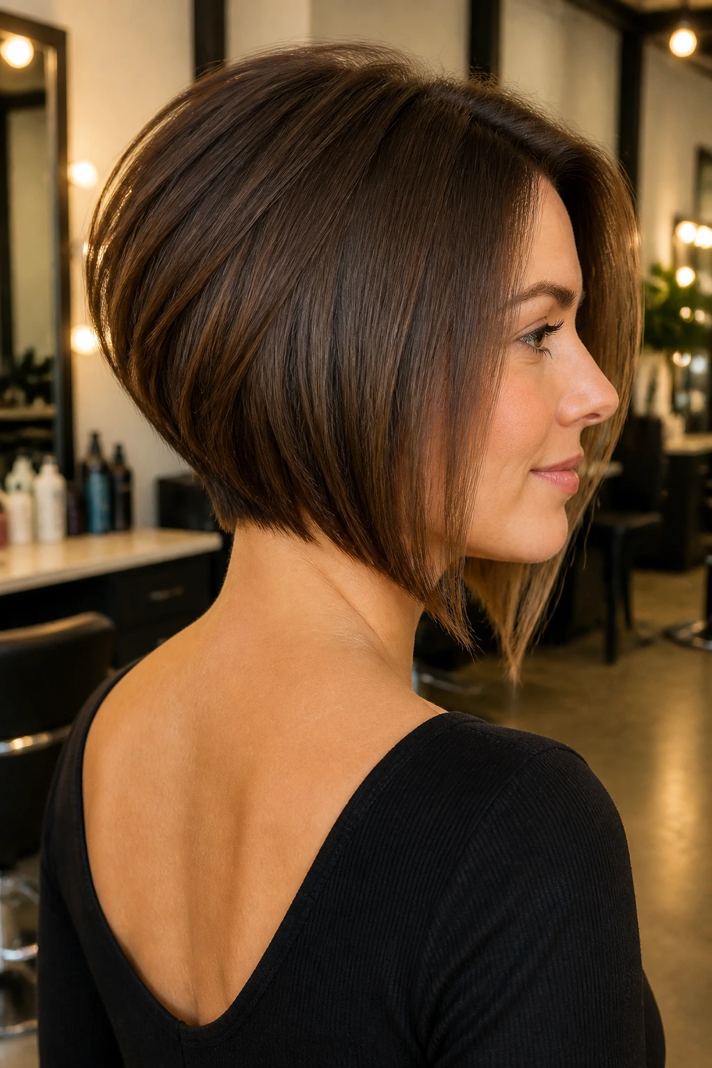 Portrait of a woman with graduated bob with stacked nape, showing shorter back and longer front.