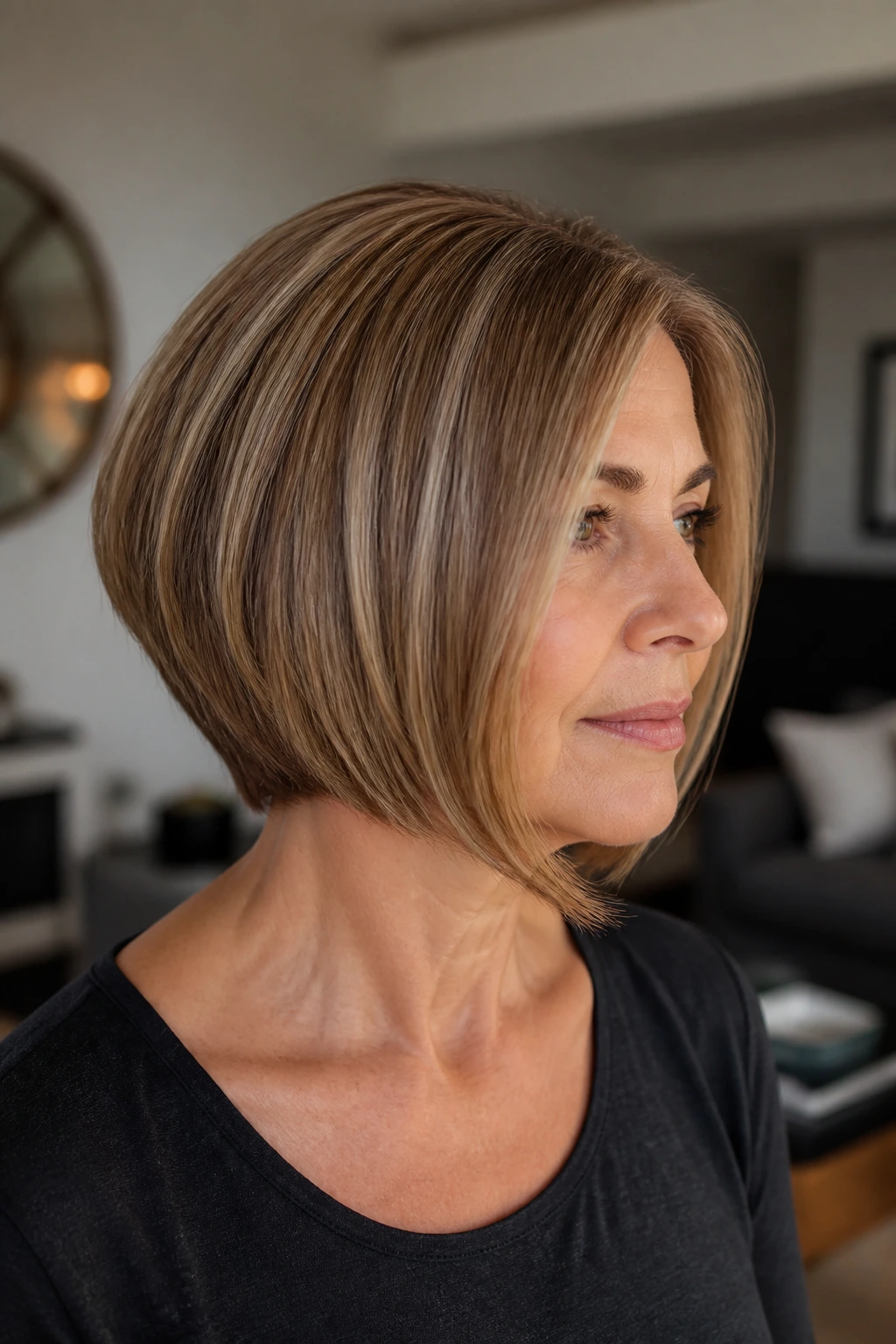 Side portrait of a real woman with graduated bob, back shorter, front longer
