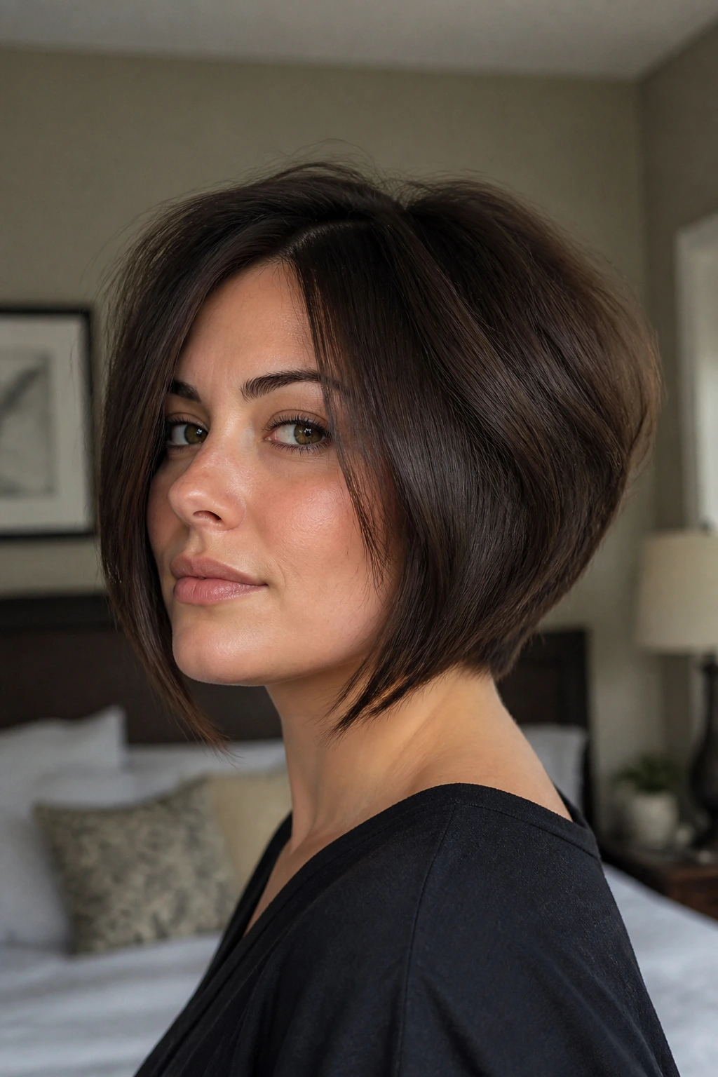Close-up of a real woman with a graduated bob and lifted back hairstyle.