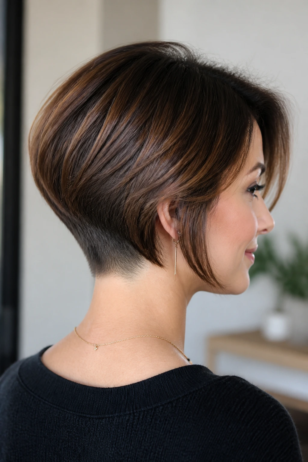 Close-up portrait of a woman with a graduated bob and undercut relief at the nape