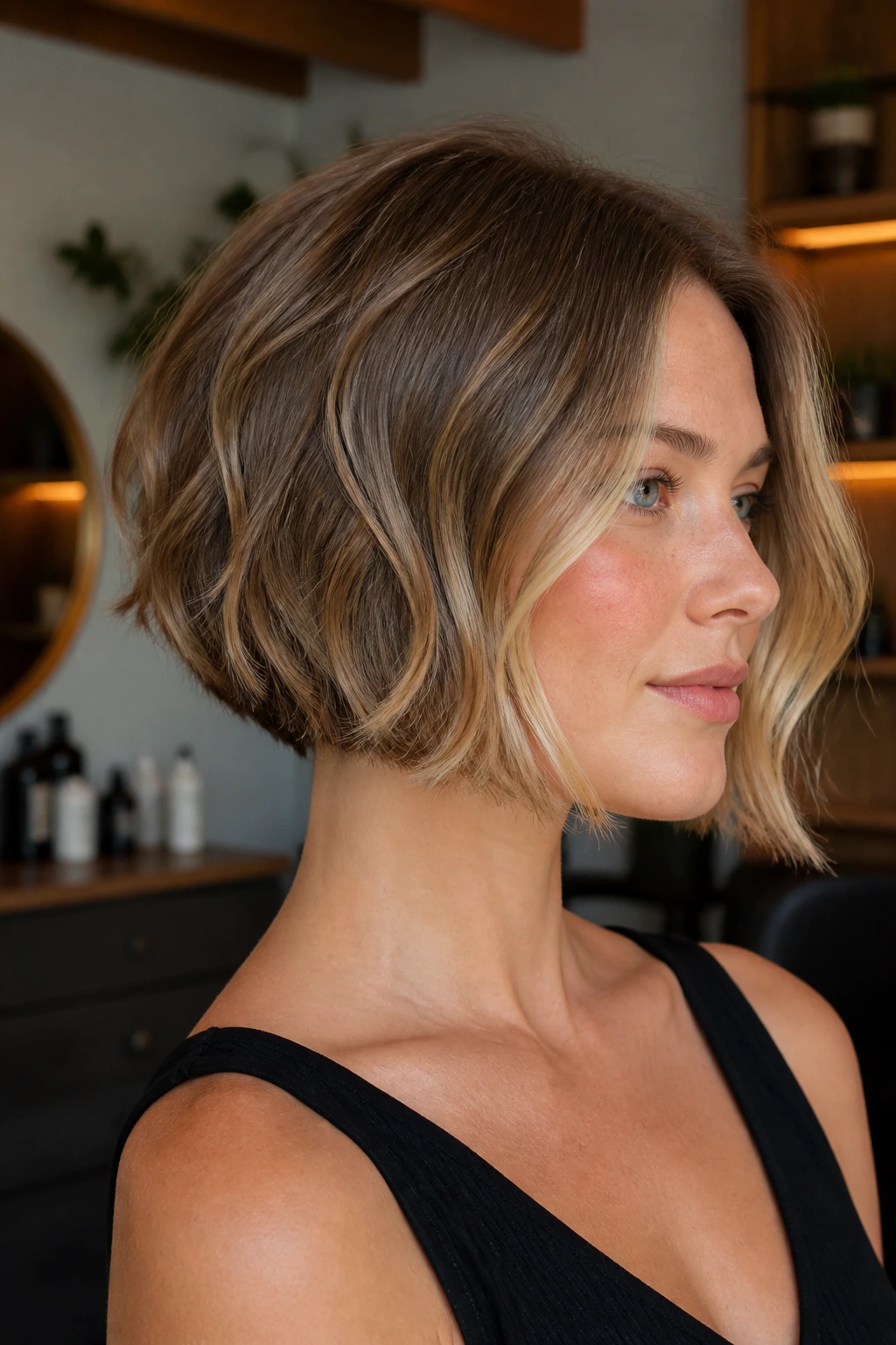 Real woman portrait showing stacked back and soft front of a graduated center bob.