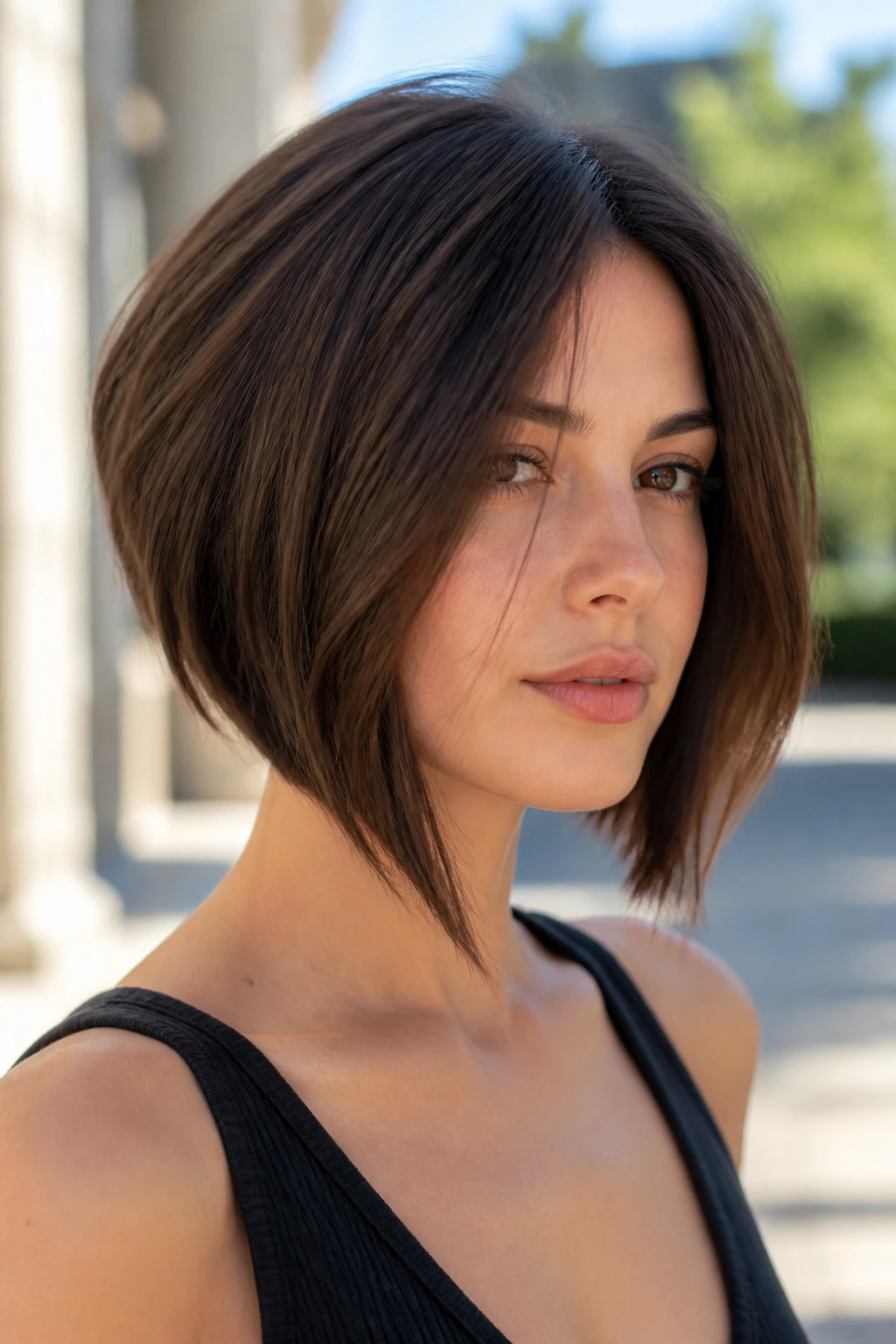 Close-up of real woman with graduated collarbone French bob, longer front, shorter back.