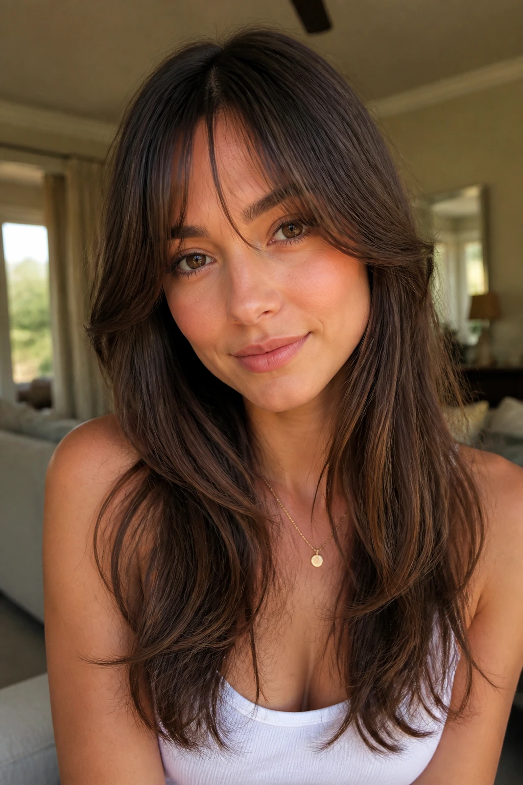 Close-up of a real woman with graduated collarbone-framing fringe in a warm living room