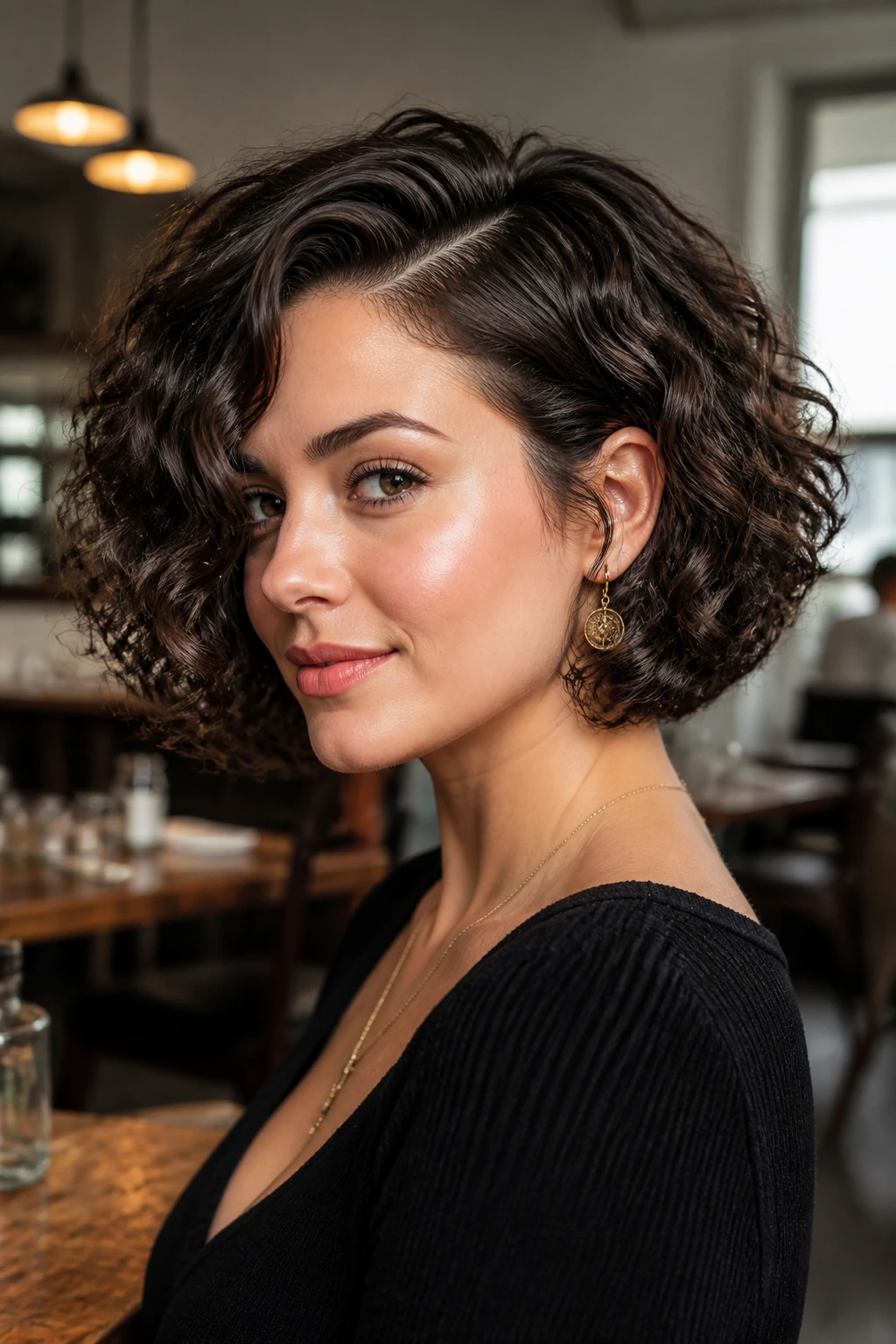 Real person with graduated curly bob and deep side part