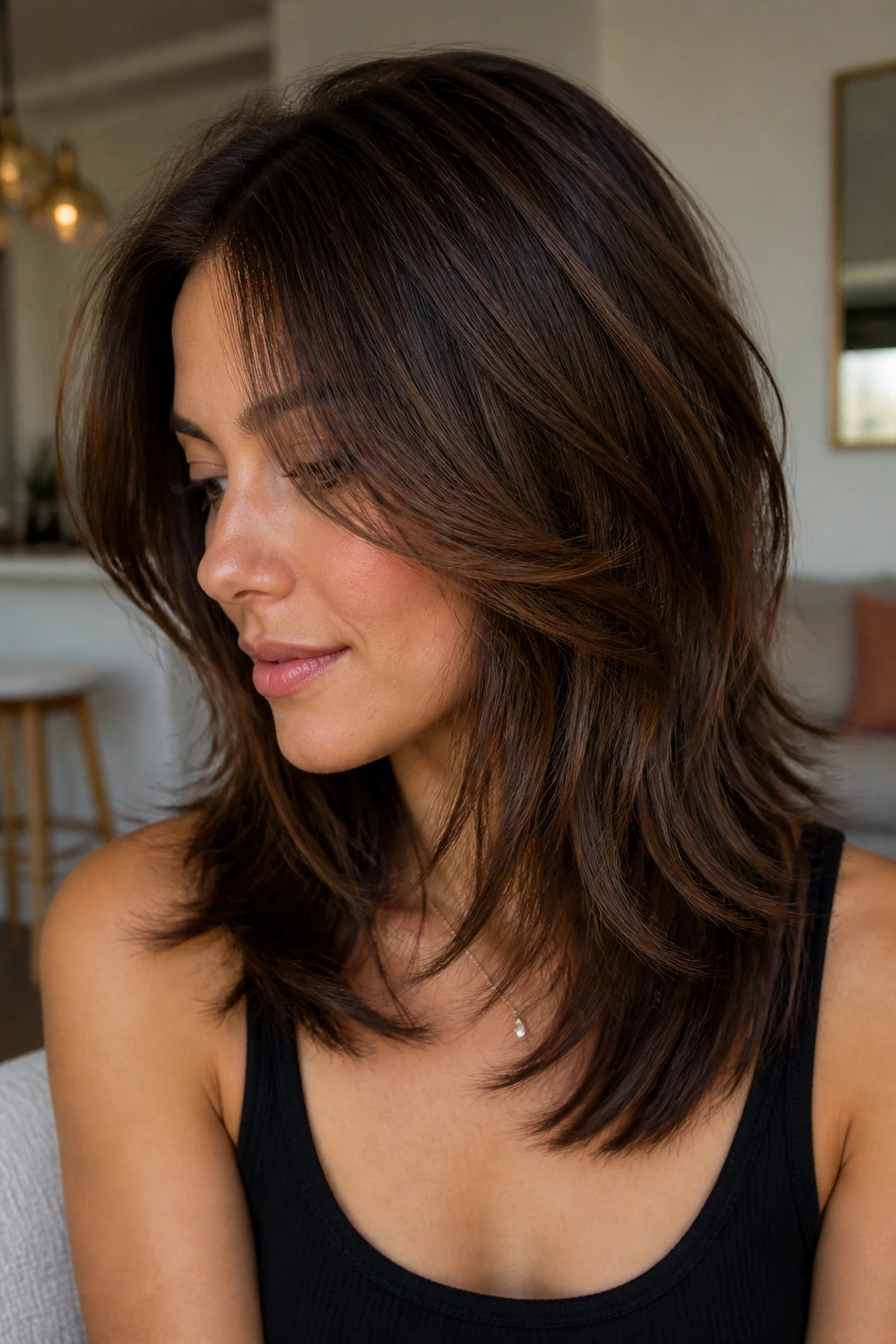 Portrait of a woman with graduated layers for heavy hair and crown volume
