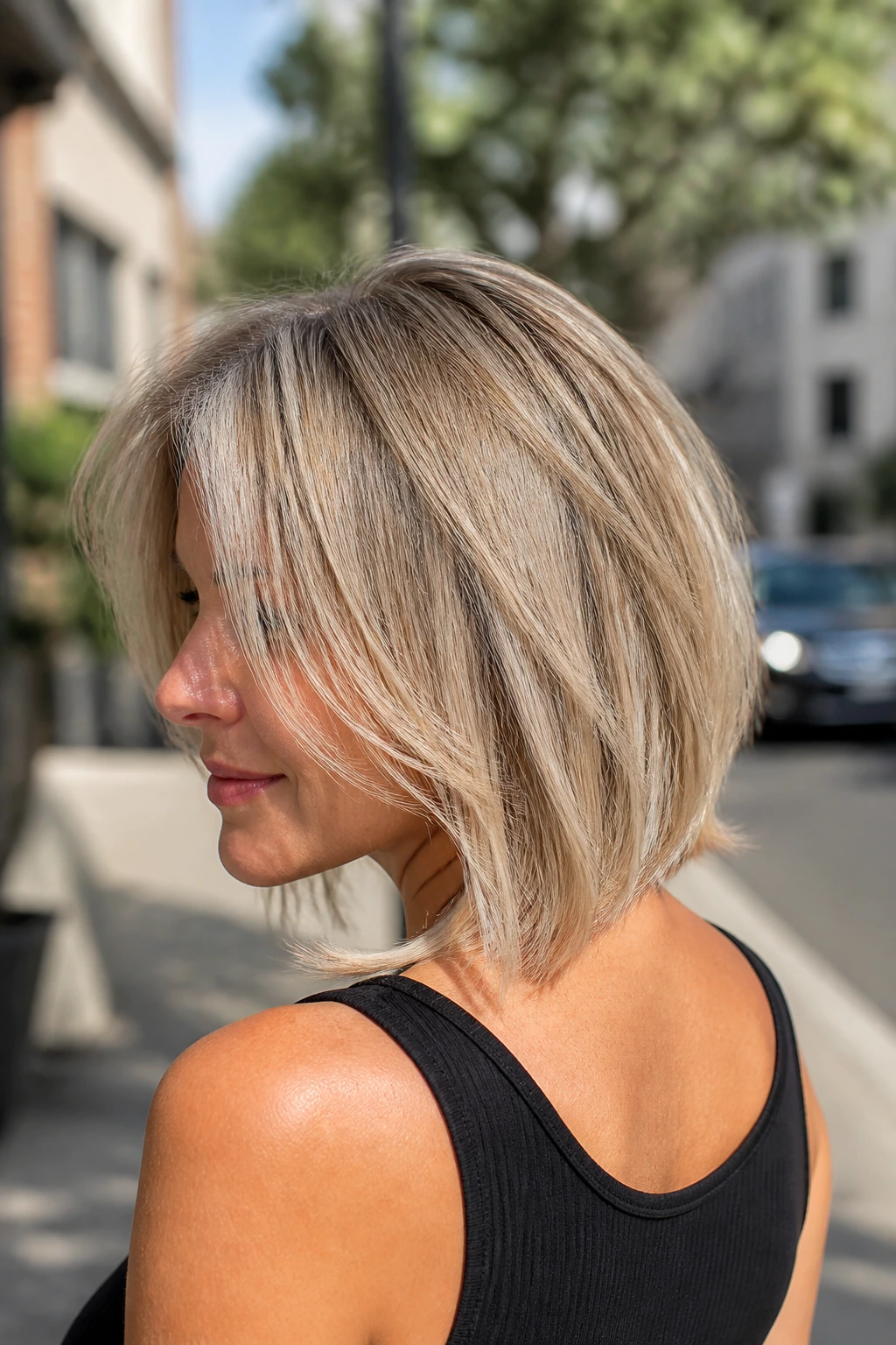 Three-quarter view of a real woman with a graduated lob showing back lift
