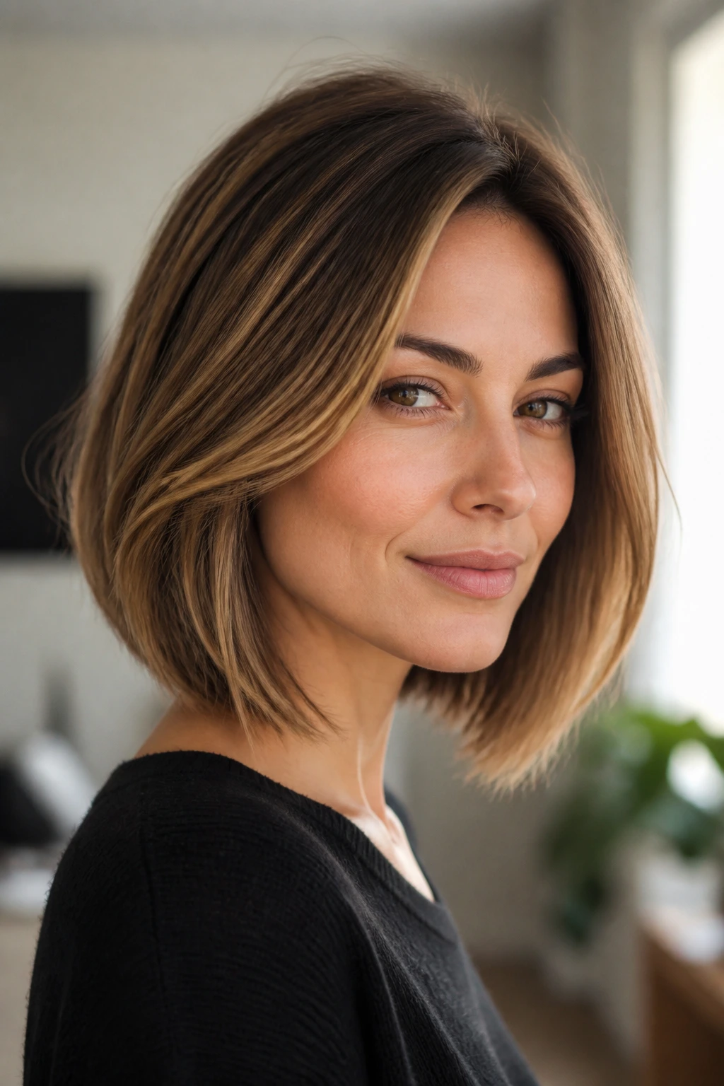 Close-up portrait of a real woman with a graduated lob and lift at the back.