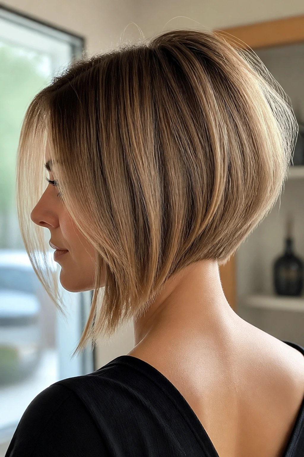 Portrait of a real person with graduated lob and lifted nape