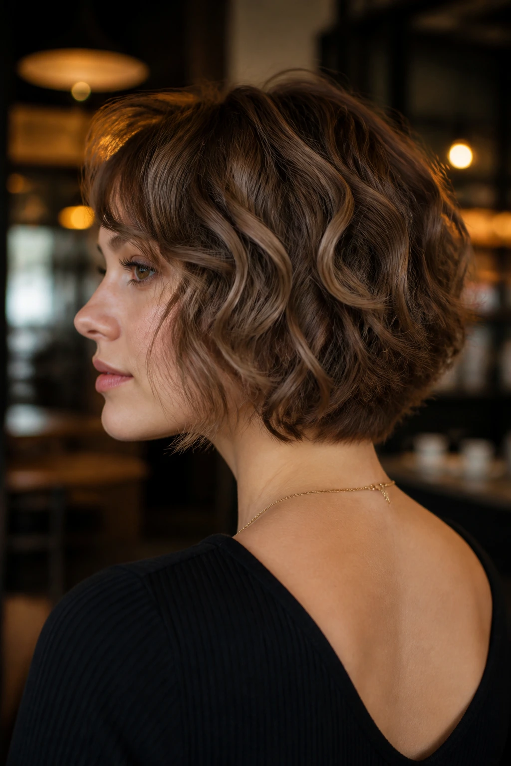 Real woman with a graduated lob and shorter nape in a warm cafe setting.