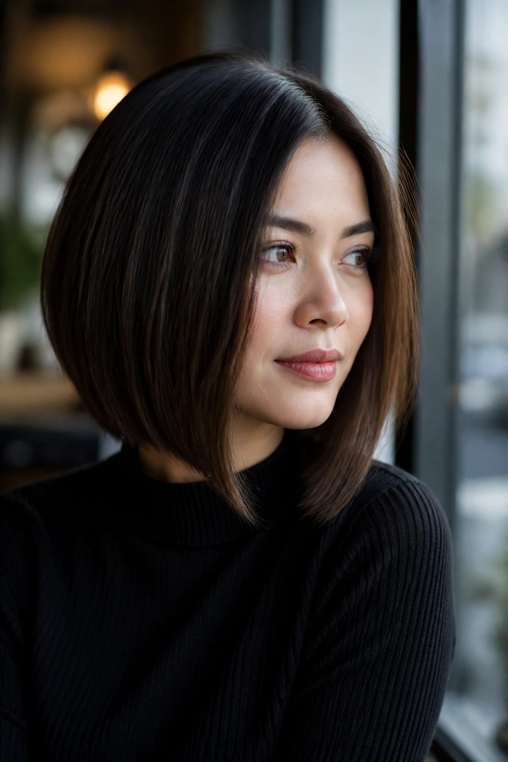 Medium close-up of a real woman with a graduated lob showing stacked back and long front