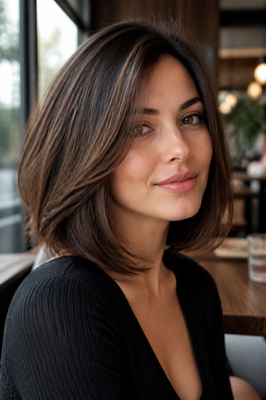 Close-up portrait of real person with graduated midi cut.