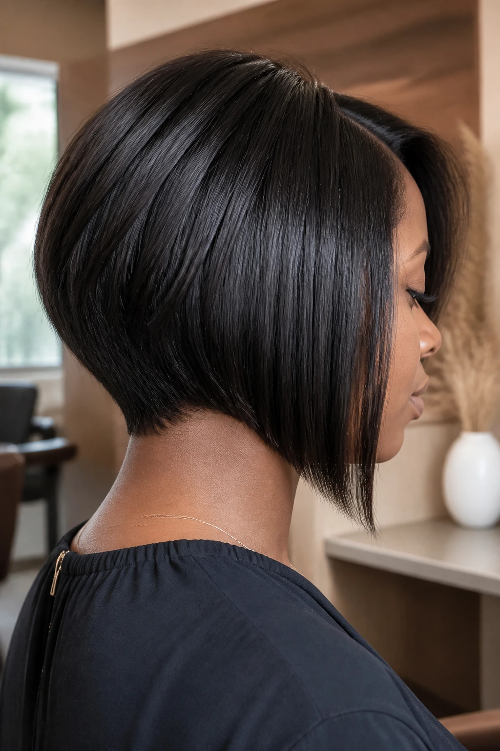 Close-up portrait of a real Black woman with a graduated nape bob and jaw-framing front