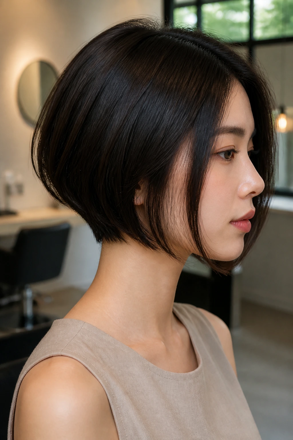 Close-up portrait of a real woman with Graduated Nape Bob in a chic salon