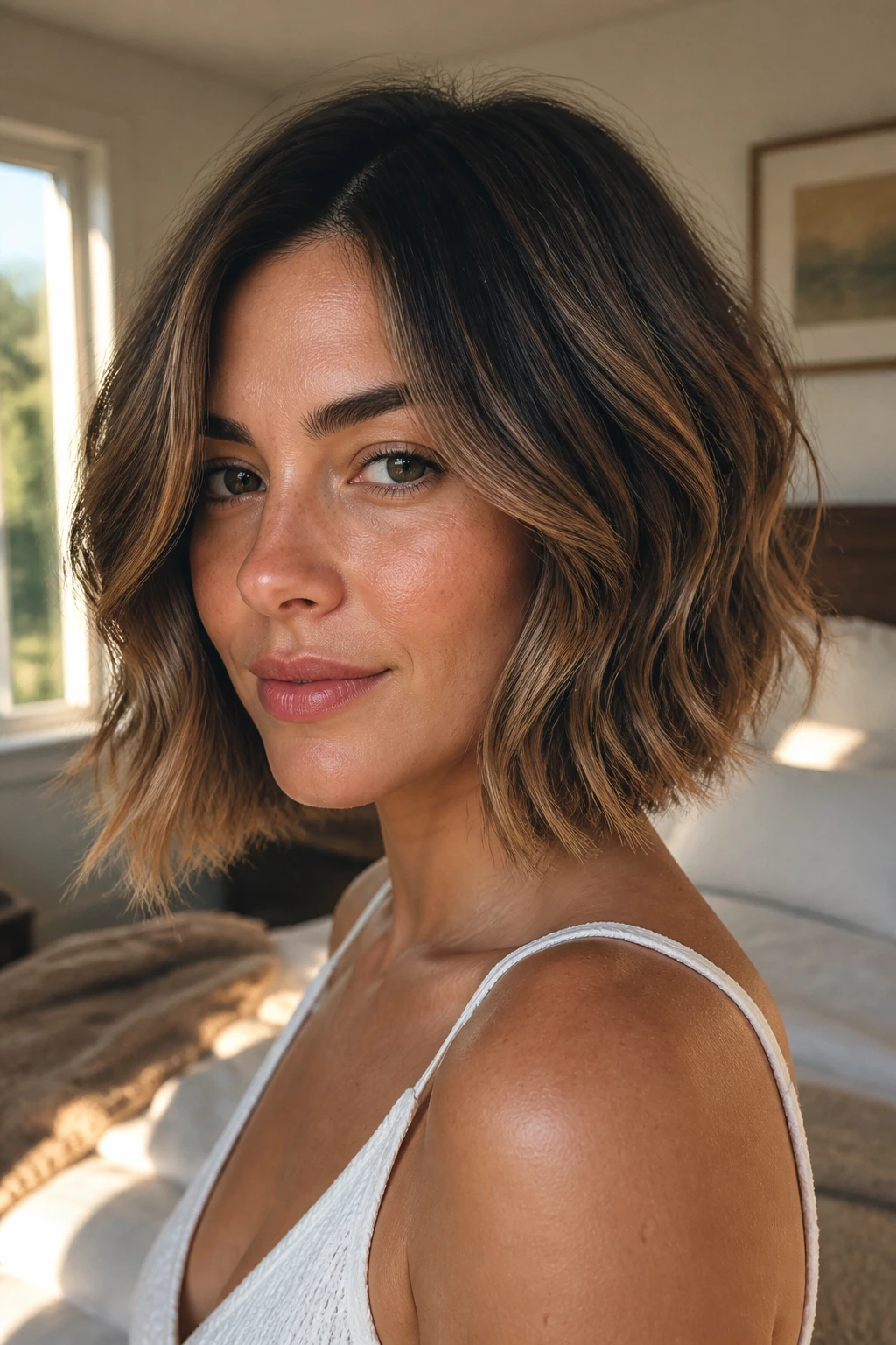 Portrait of a woman with a graduated neck-length bob