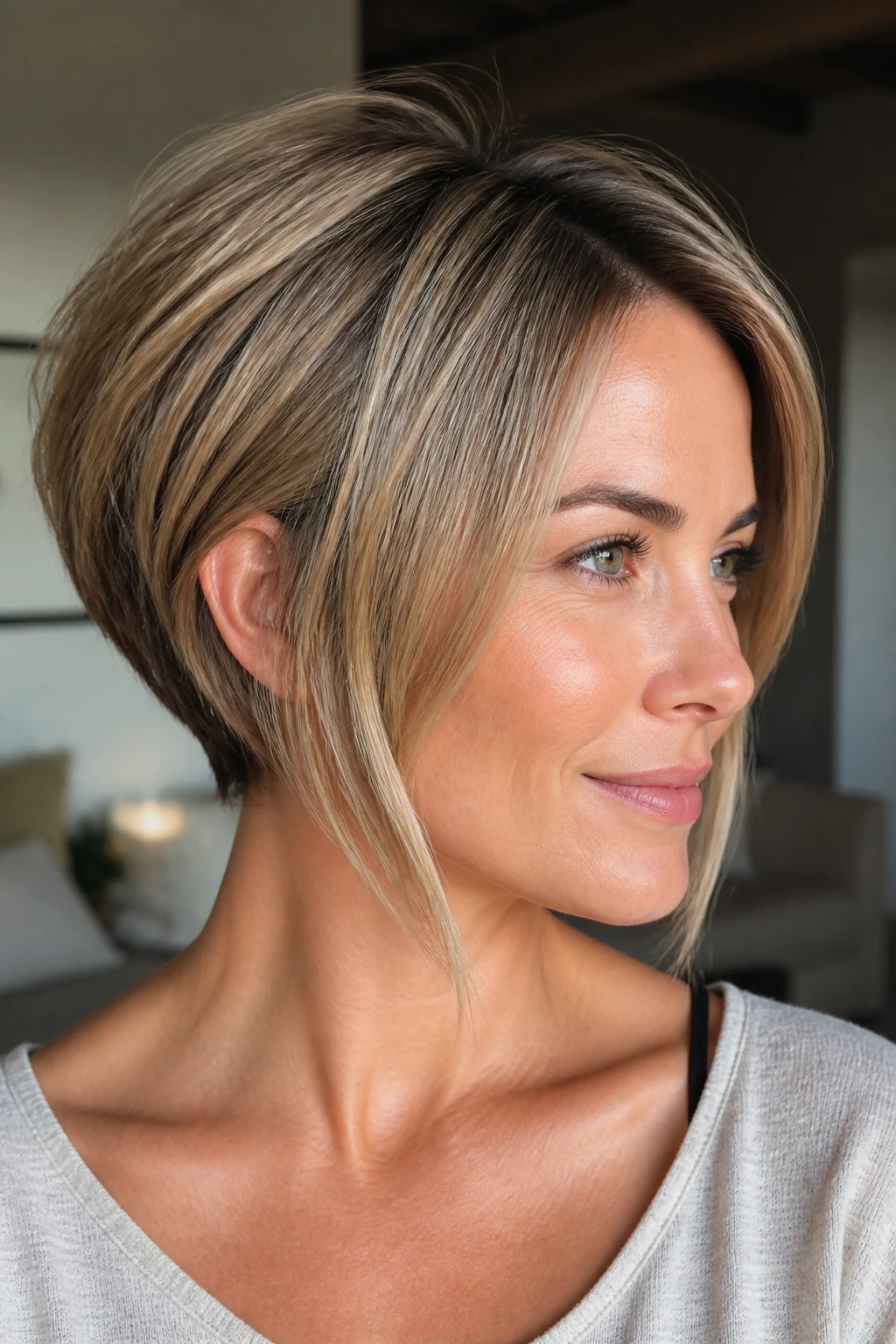 Portrait of a real woman with graduated pixie bob and long temple pieces in warm home light