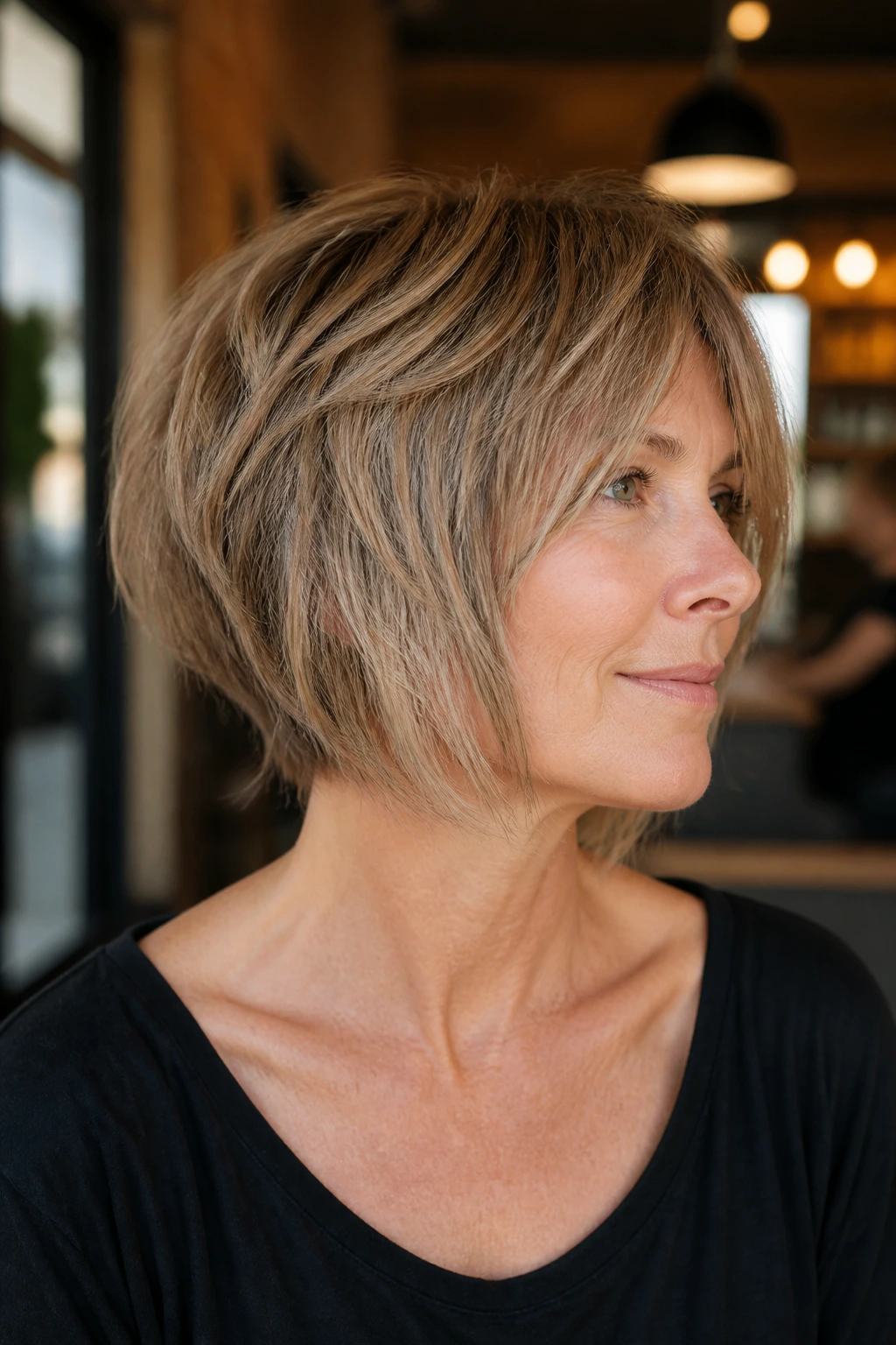 Close-up of a real woman with graduated shag bob featuring a tapered nape and longer front.