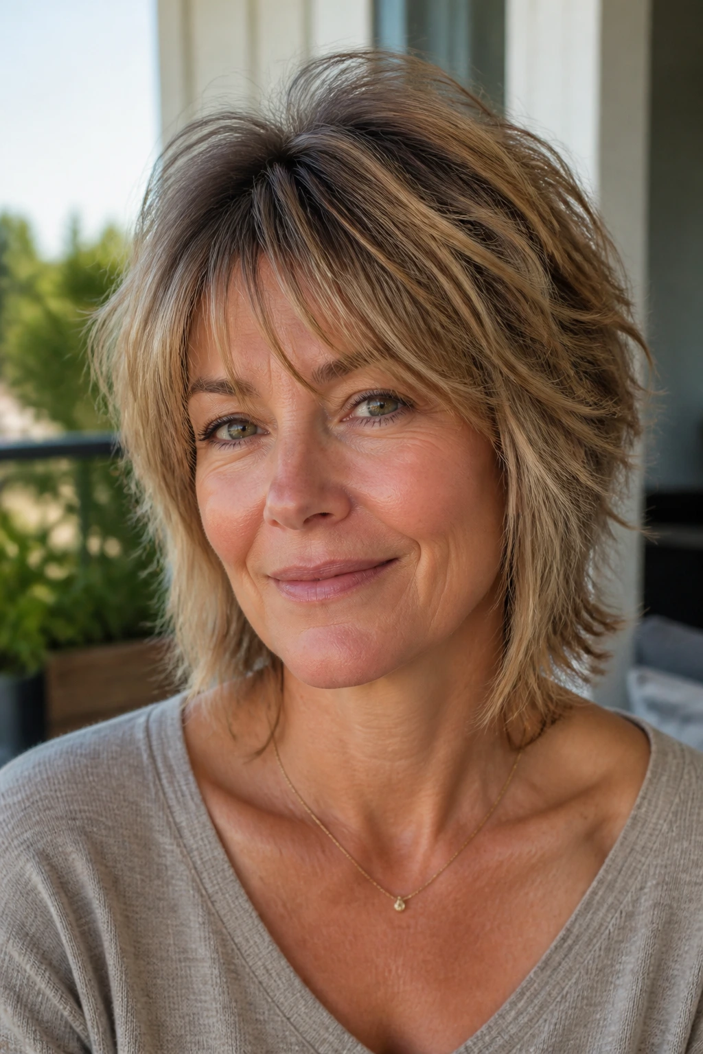 Close-up portrait of a real woman with a lightly graduated shag and crown volume.