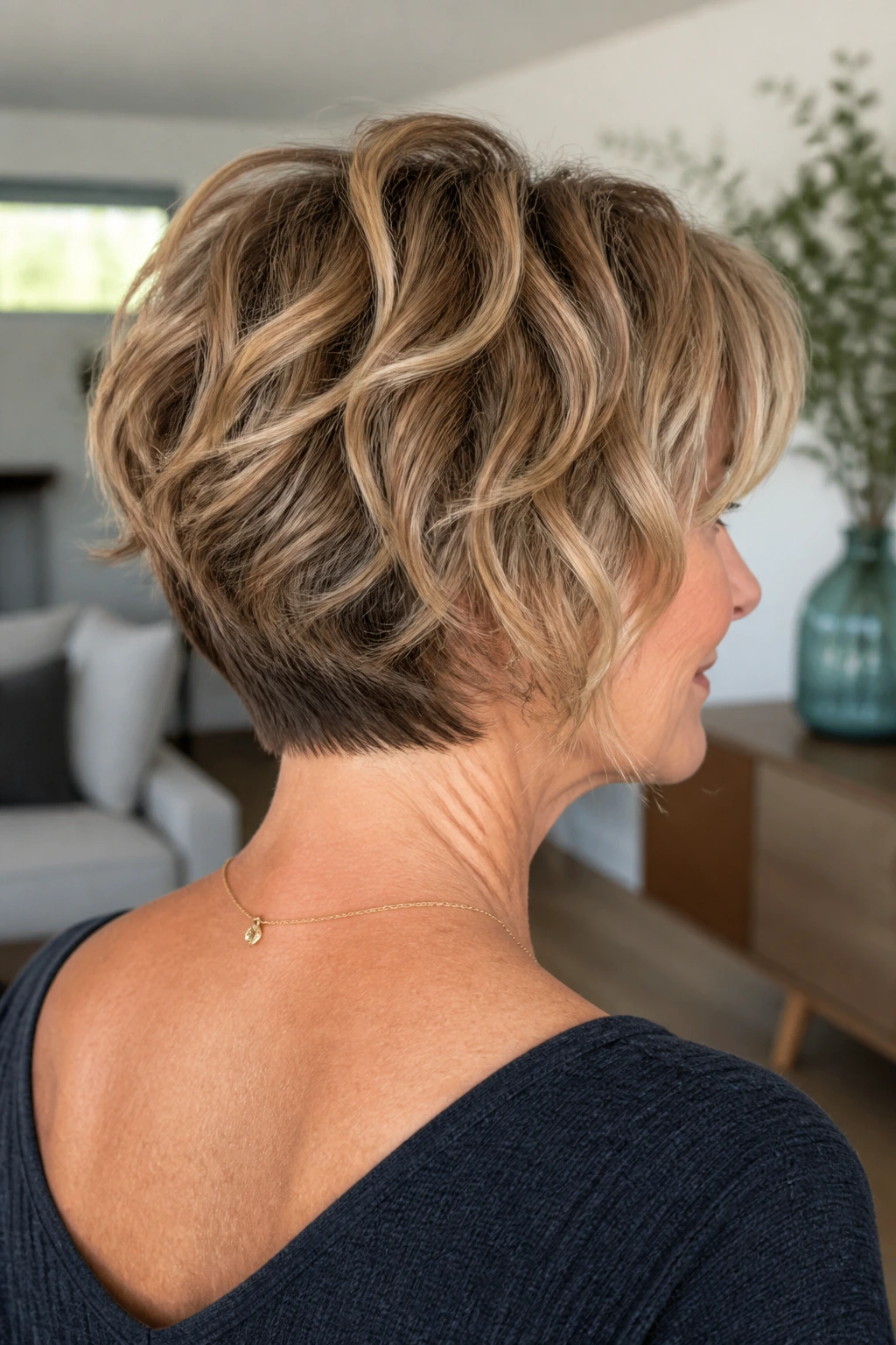 Close-up of real woman with graduated shag bob emphasizing nape lift and back stacking