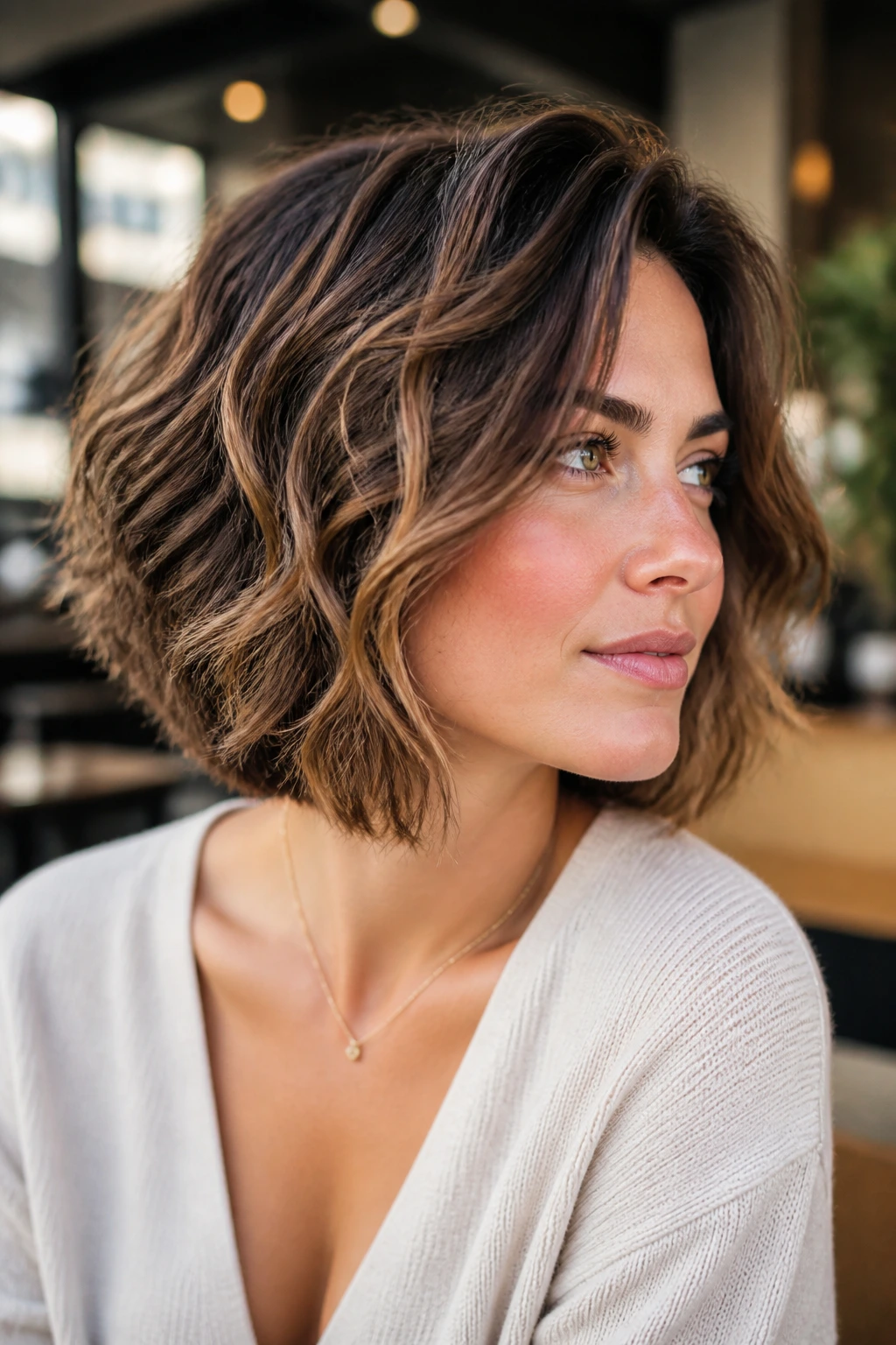 Close-up of a real woman with graduated shoulder bob