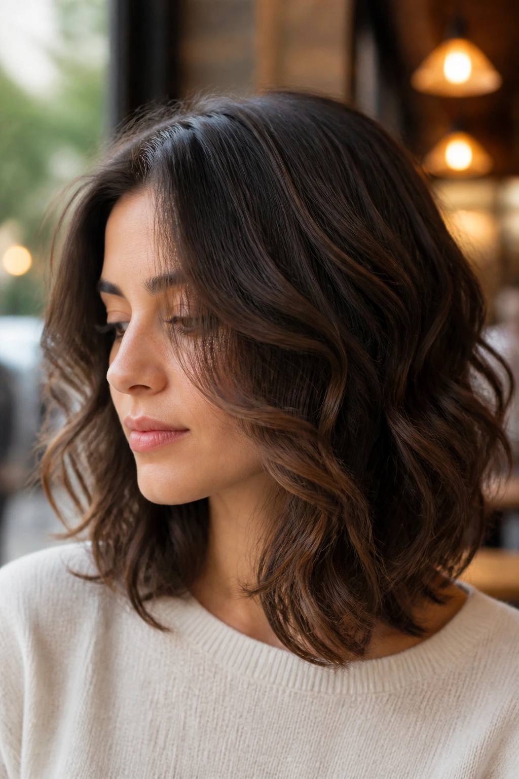 Close-up of a real woman with graduated shoulder curve cut