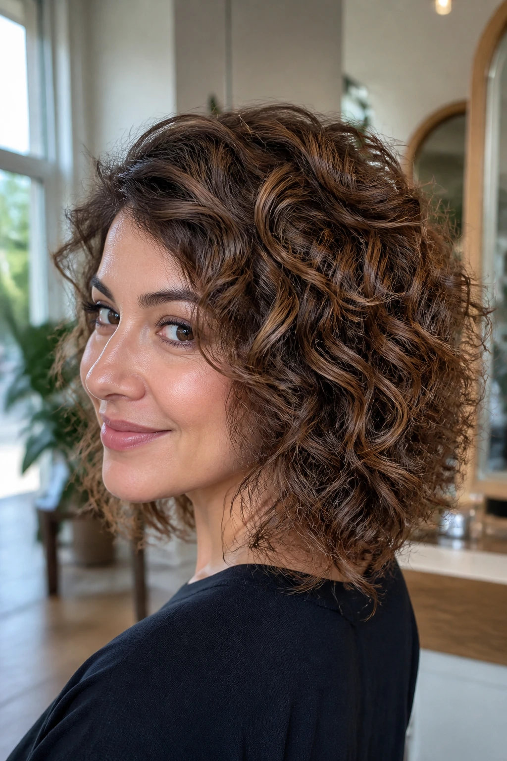 Close-up of a real woman with a graduated shoulder cut and cinnamon depth