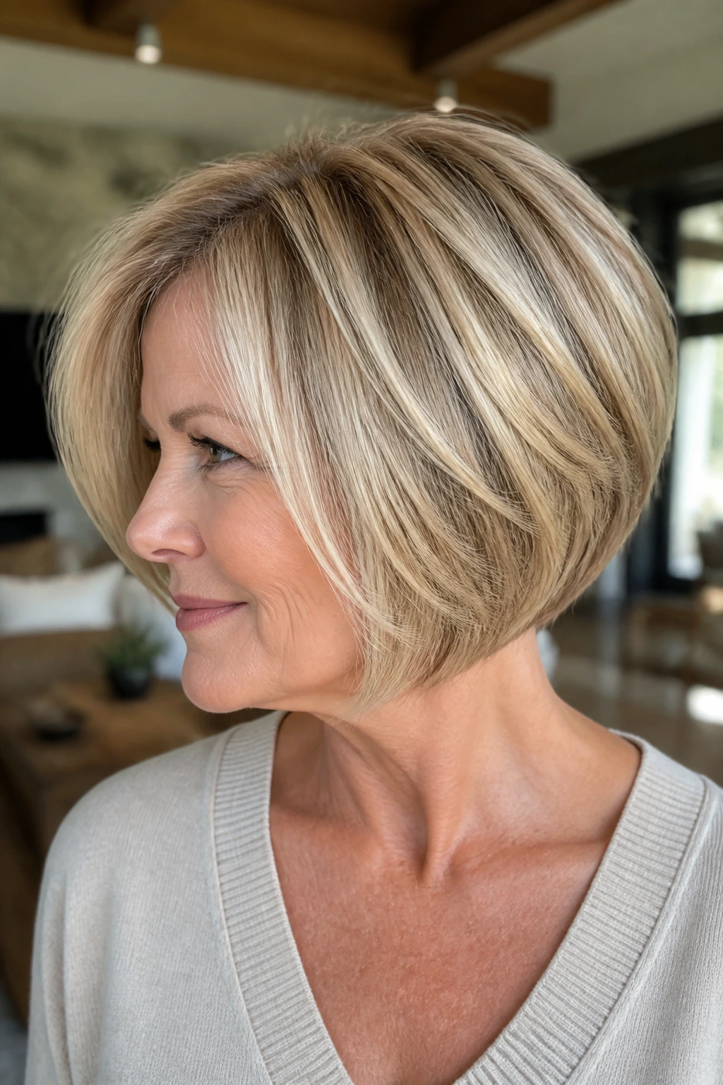 Close-up of a woman with a graduated stack bob showing stacked layers.