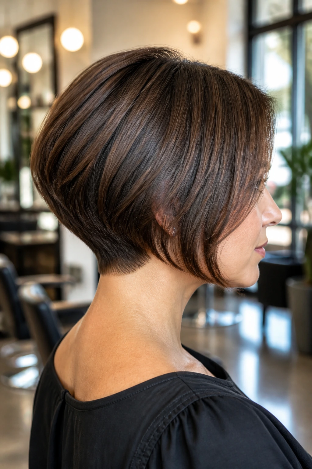 Close-up of a real woman with a graduated stack bob showing back-nape stacking and jawline-front hair