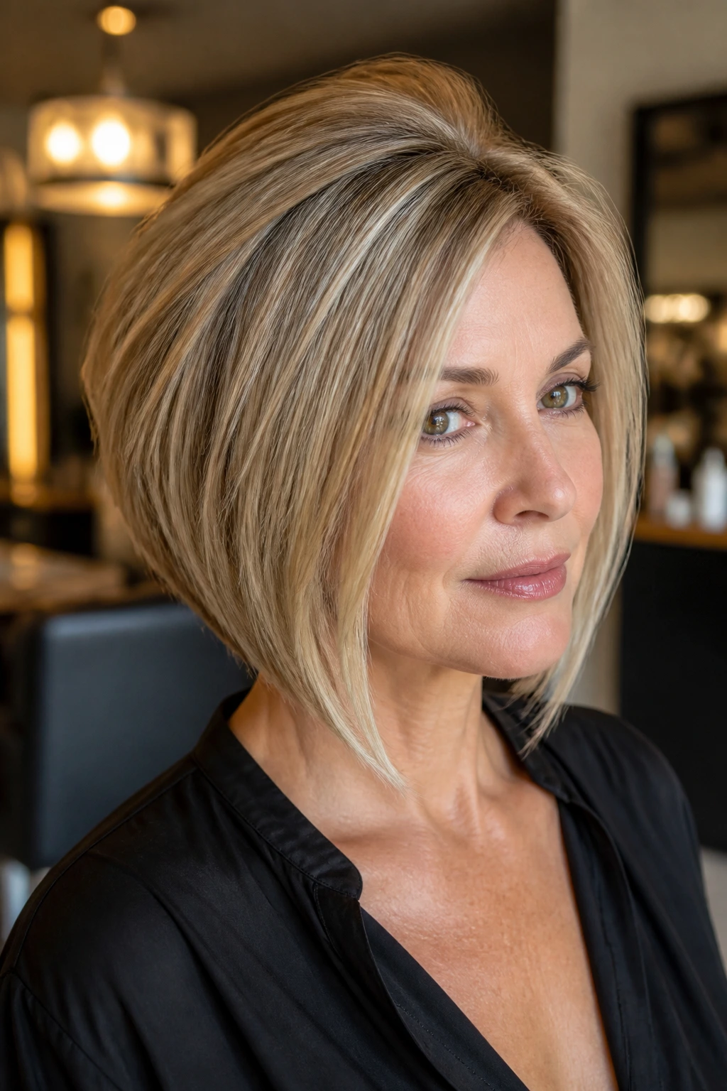 Real woman with graduated volume lob and crown lift