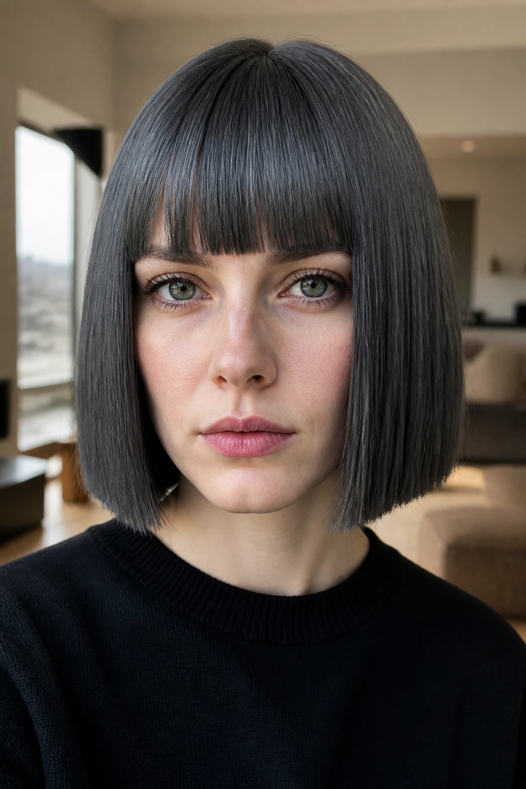 Close-up portrait of a woman with granite blunt-cut grey hair