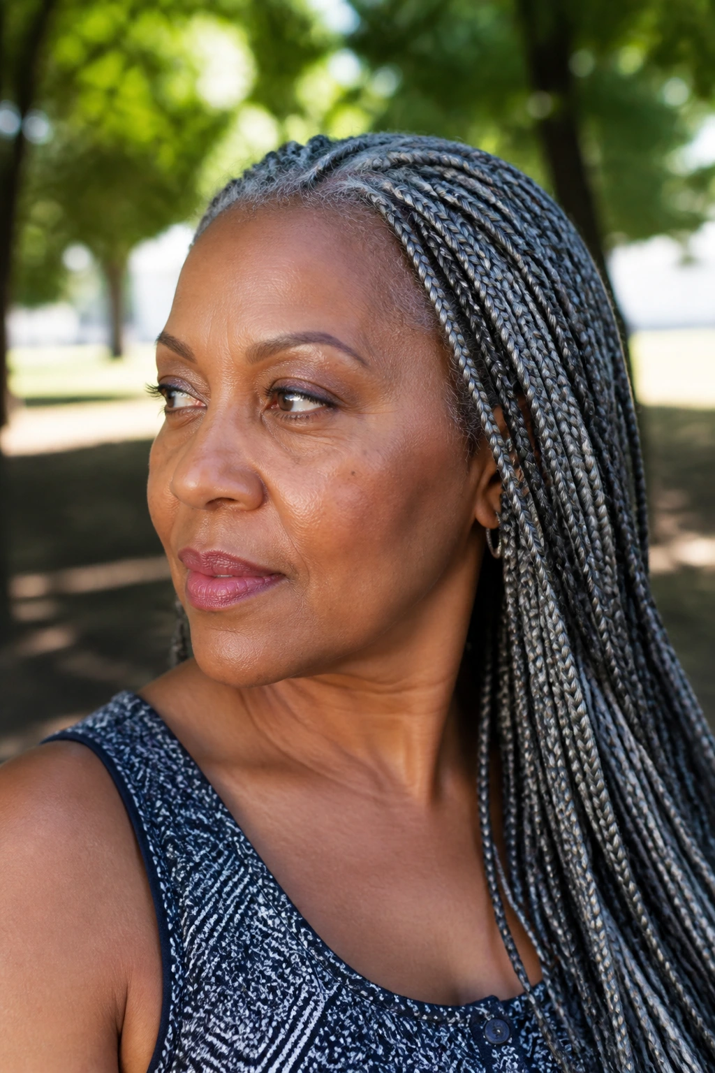Woman with granite braids showing silver-grey strands.