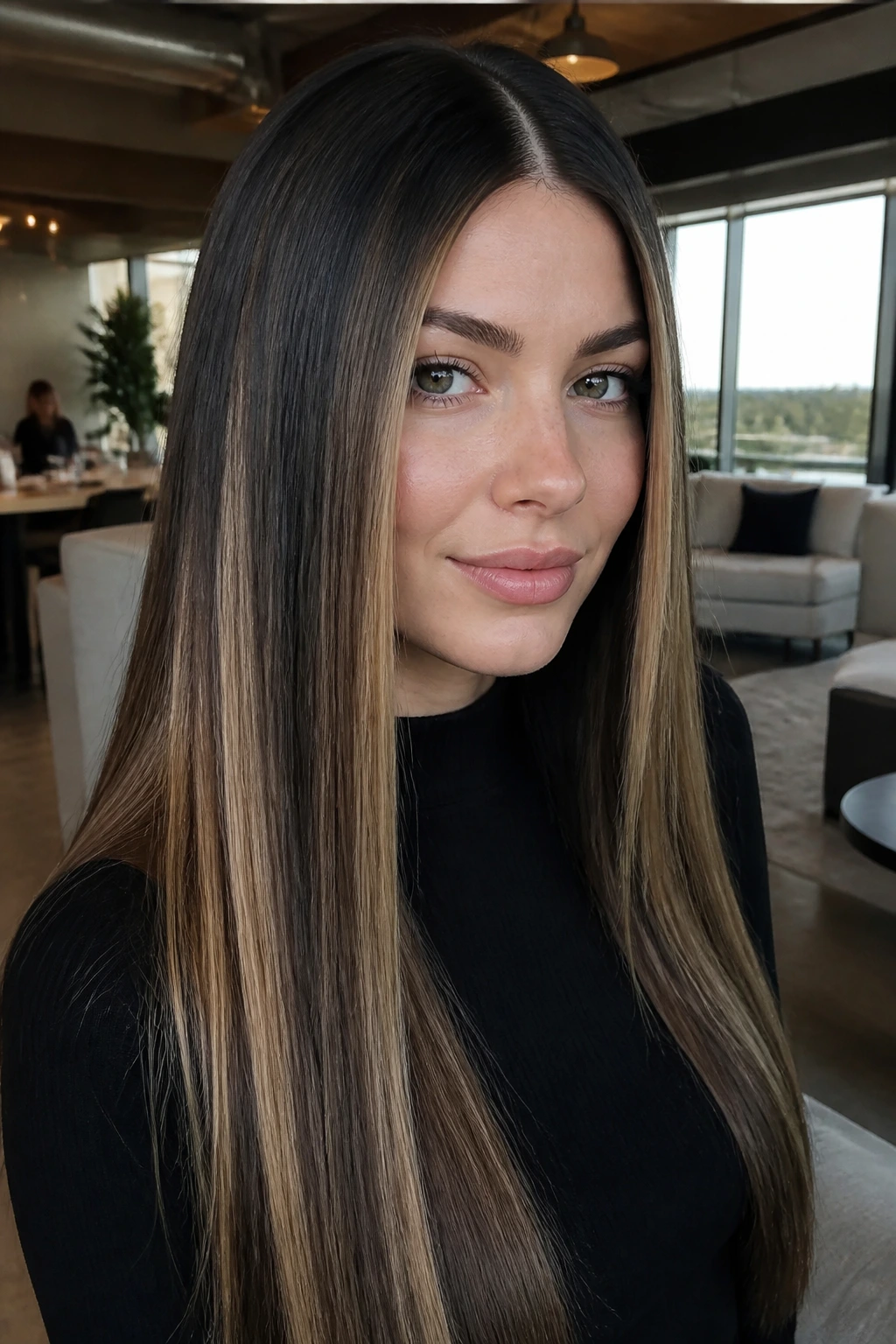 Close-up portrait of a real person showing straight hair with graphic caramel panels
