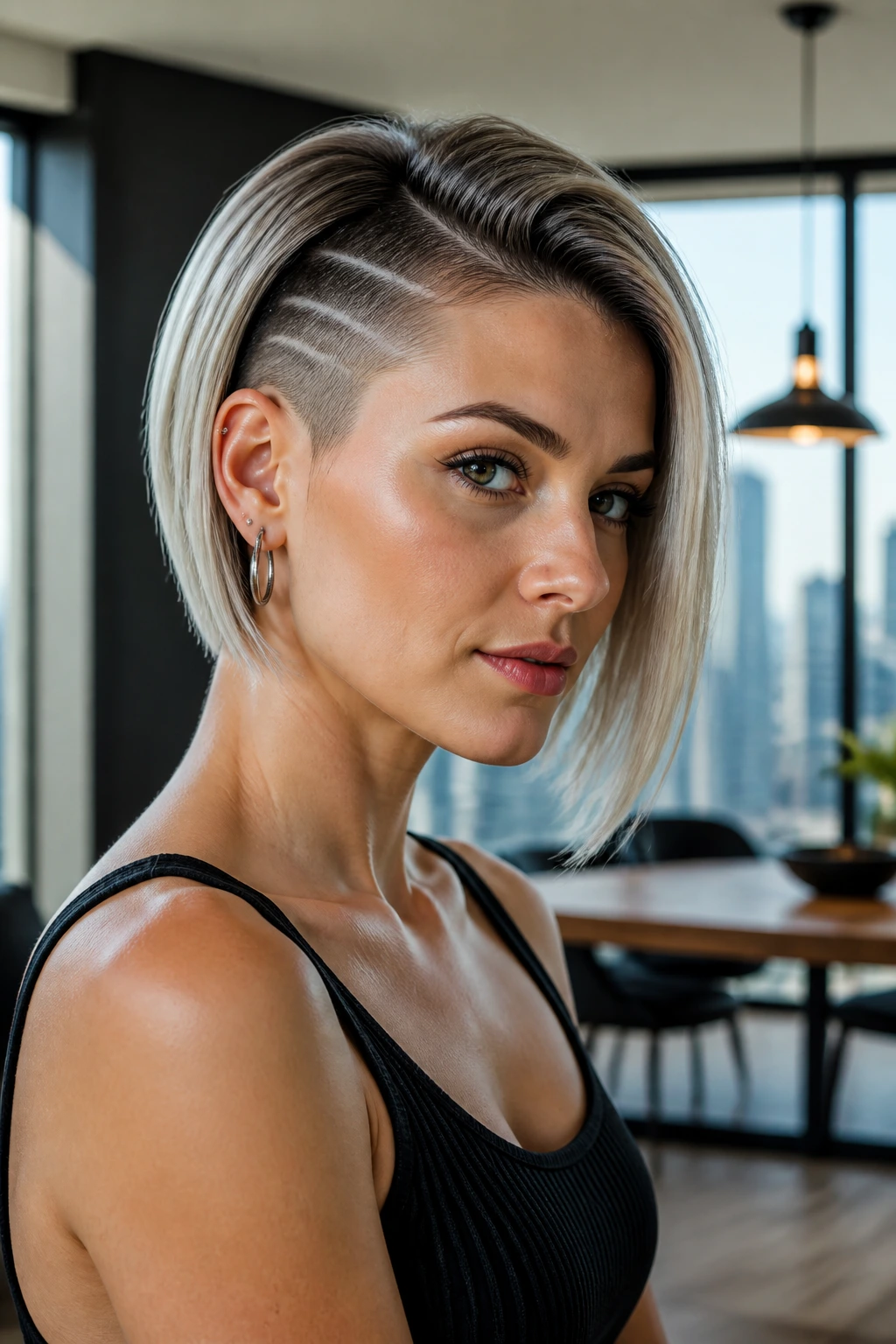 Portrait of a real woman with a graphic undercut side bob in a city apartment.