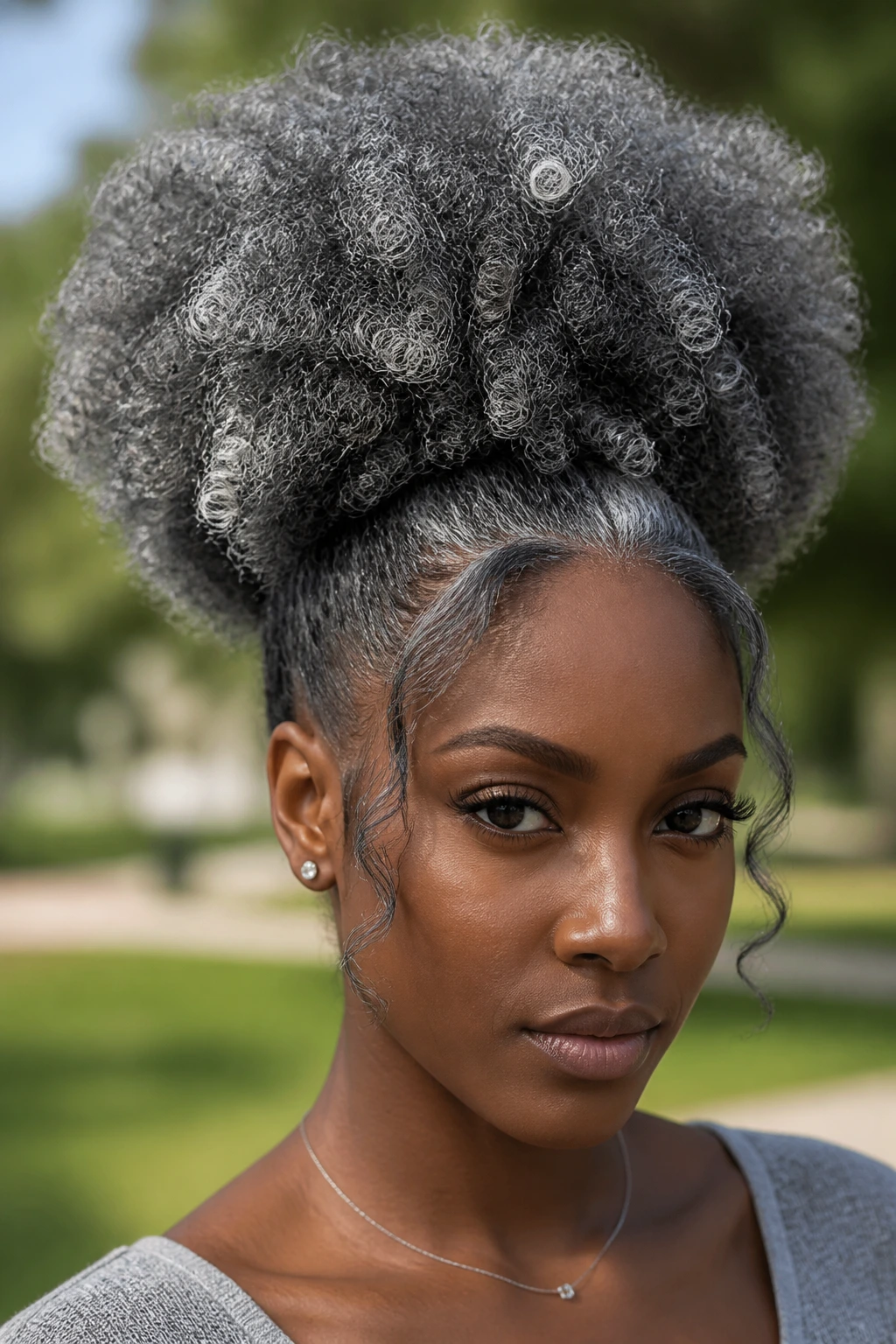 Real person with graphite Afro Puff and subtle front-face framing pieces