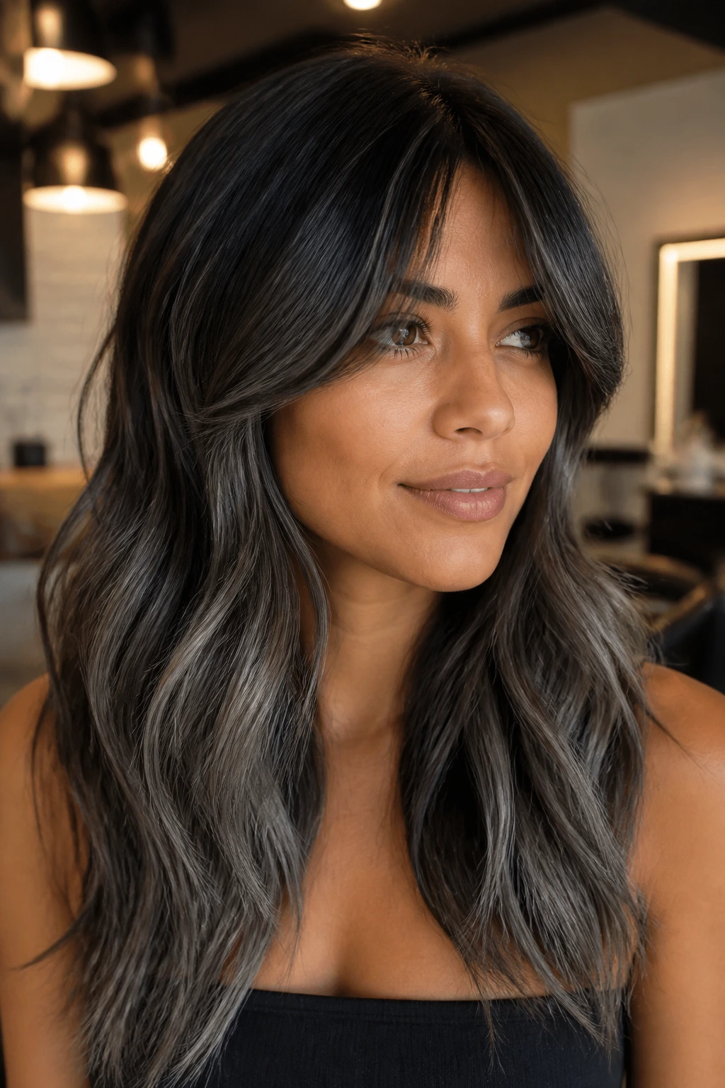 Close-up of person with espresso roots and graphite balayage with curtain fringe