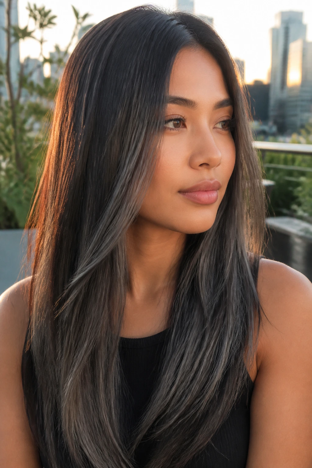 Portrait of person with graphite balayage on long straight hair showing darker ribbons.