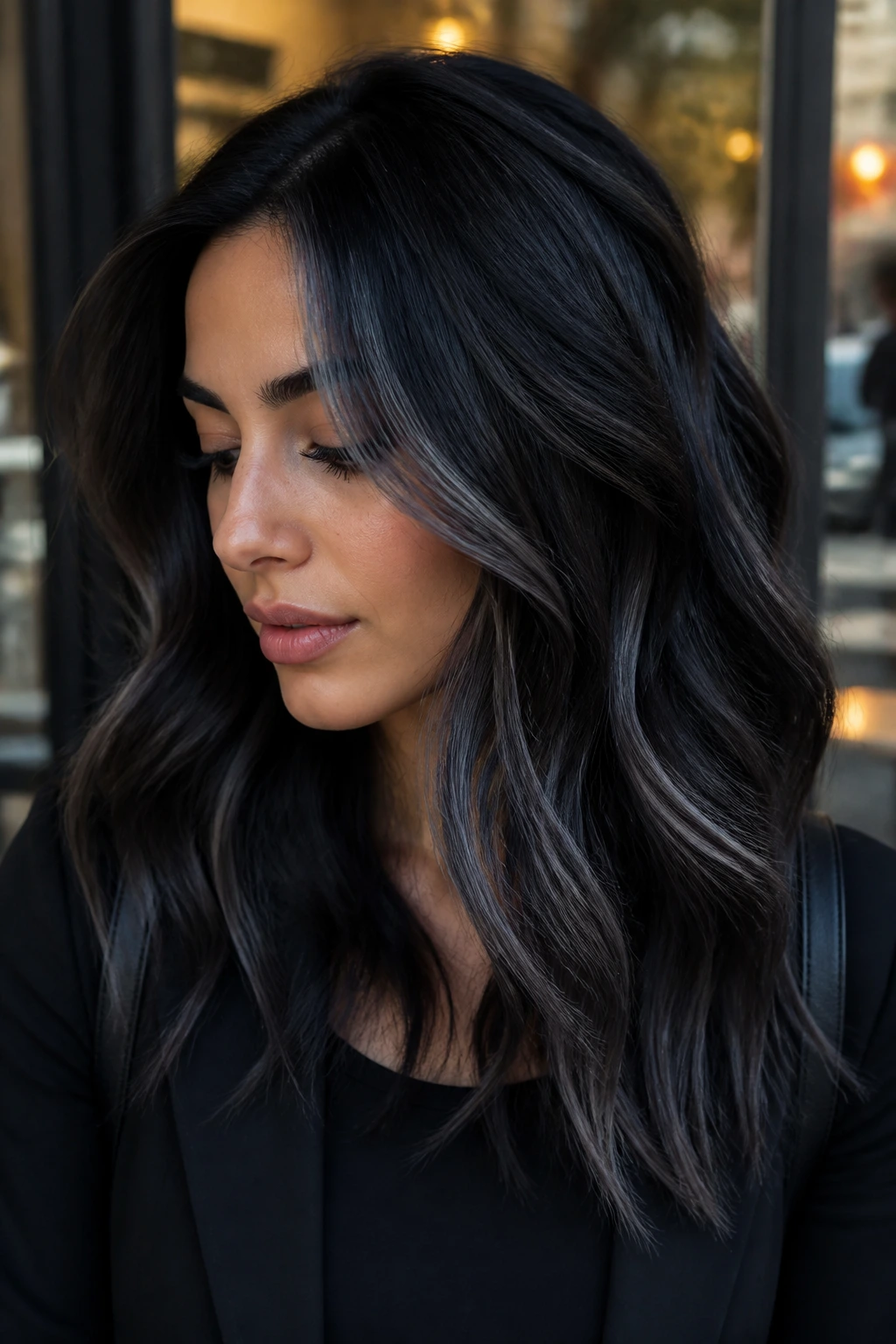 Close-up portrait of a real person with graphite black hair and slate ribbons